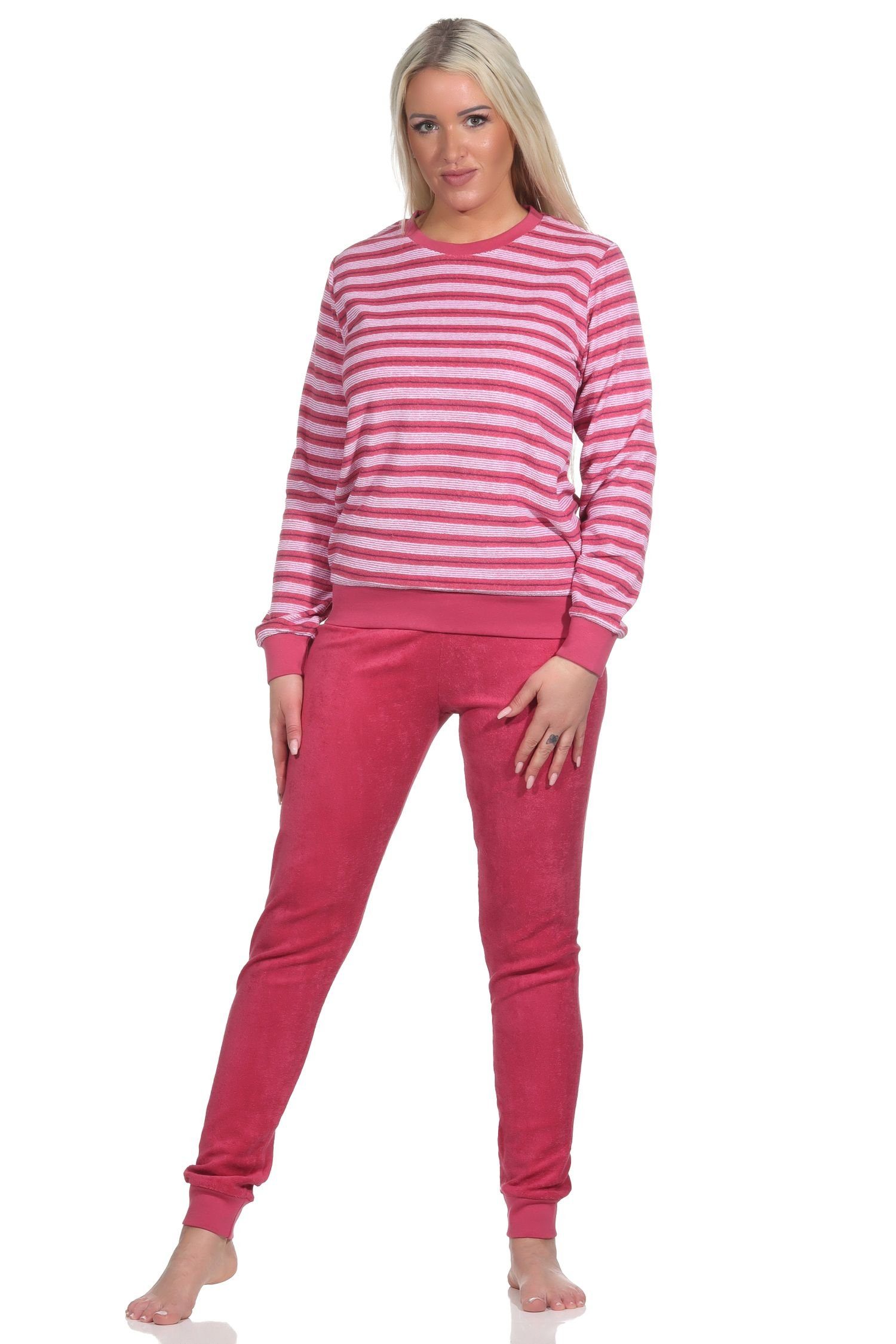 Normann Pyjama Geringelter Damen Frottee Schlafanzug lang mit Bündchen pink