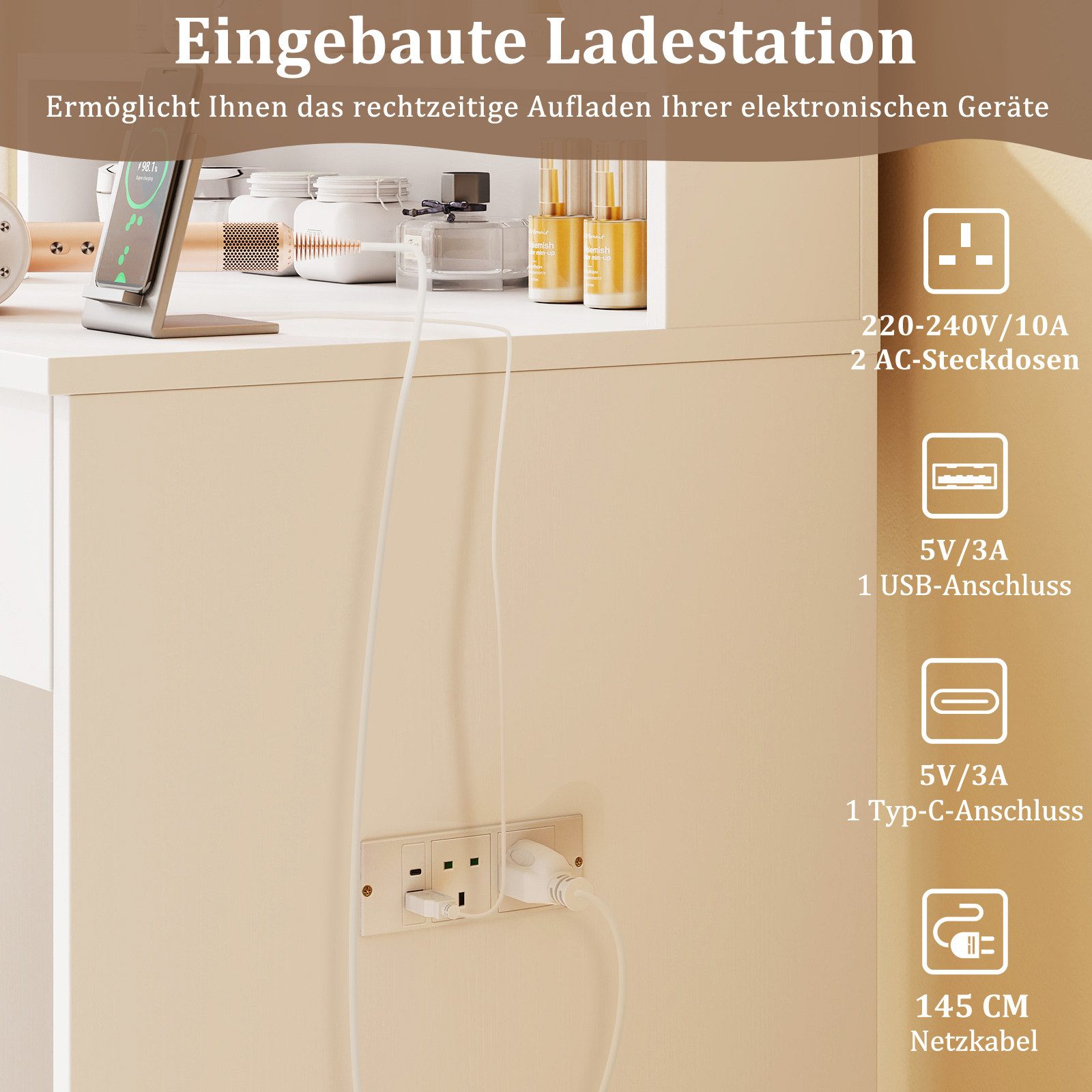 COSTWAY Schminktisch Frisiertisch mit Spiegel, LED (1-St), mit Ladestation, Schublade – Bild 5 von 5