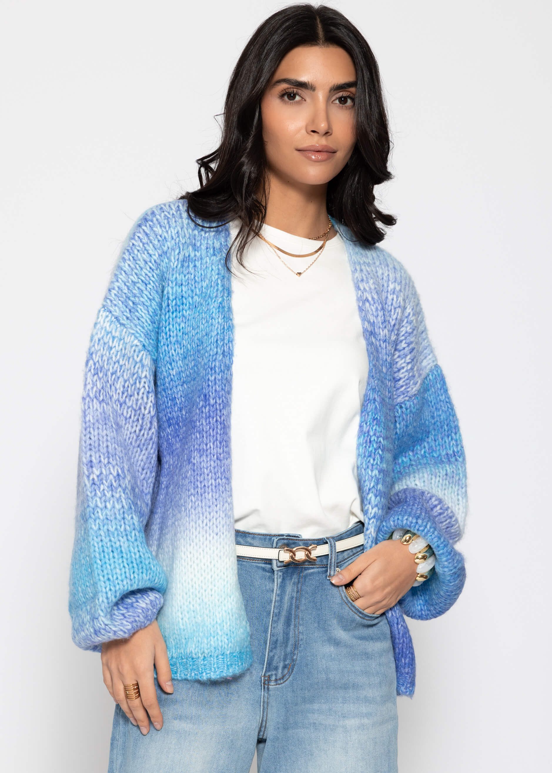 SASSYCLASSY Cardigan Offener Cardigan mit Farbverlauf für Damen Weiche Strickjacke im lockeren Schnitt mit Ballonärmeln Pink Blau