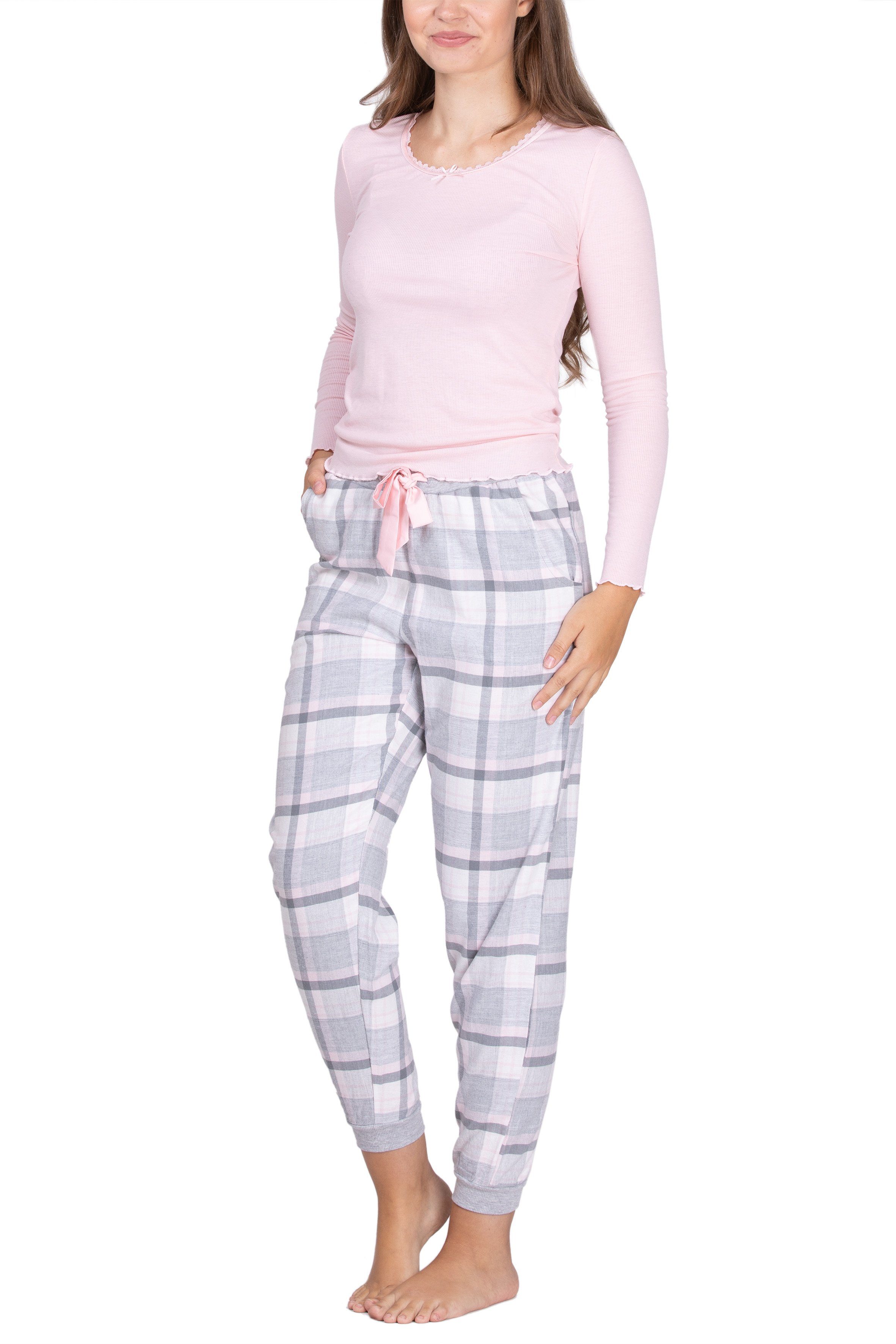 maluuna Pyjama Damen Schlafanzug mit Flanellhose und Bündchen rosa