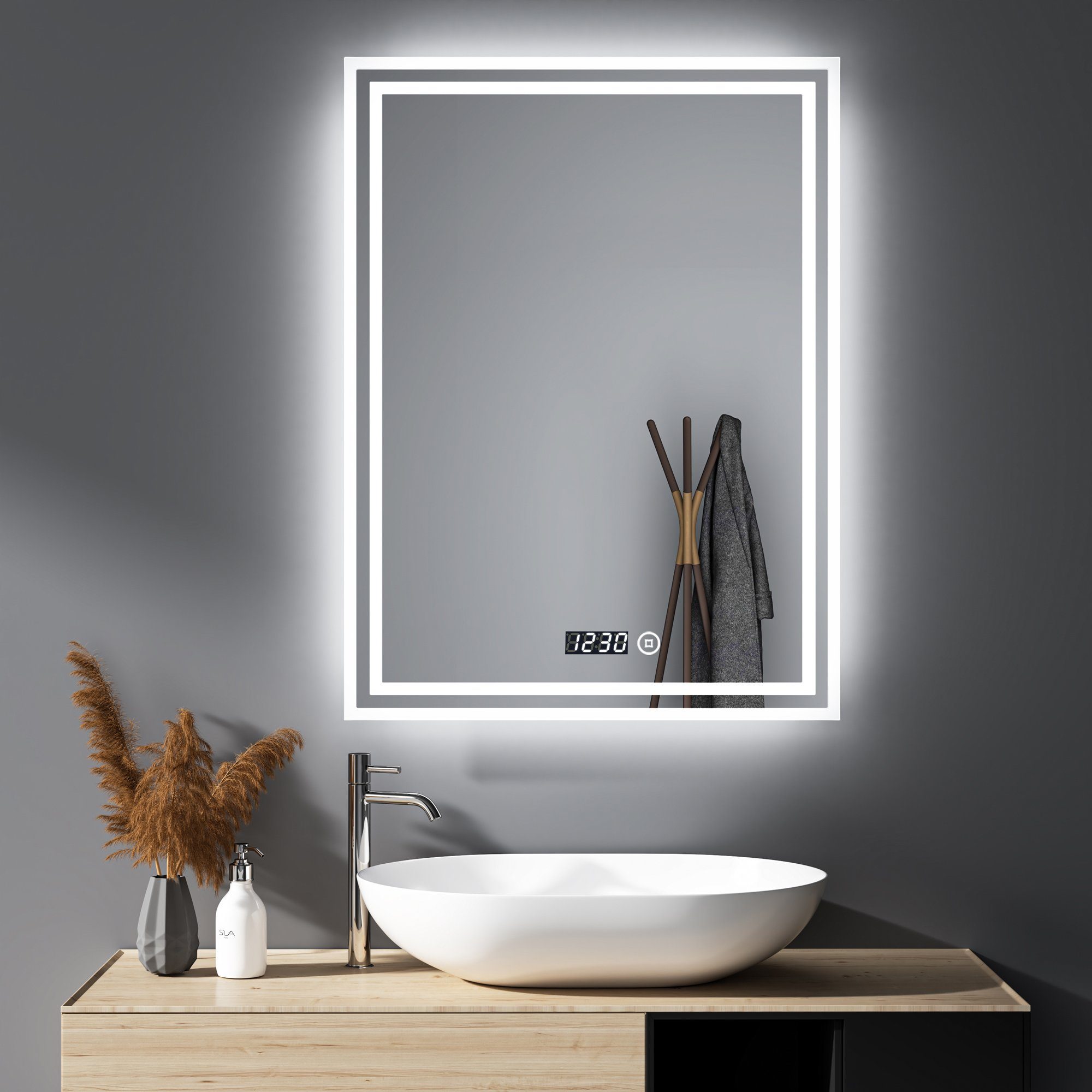 WDWRITTI Spiegel Badspiegel Led 50x70 mit Uhr Wandspiegel mit beleuchtung 3 günstig online kaufen