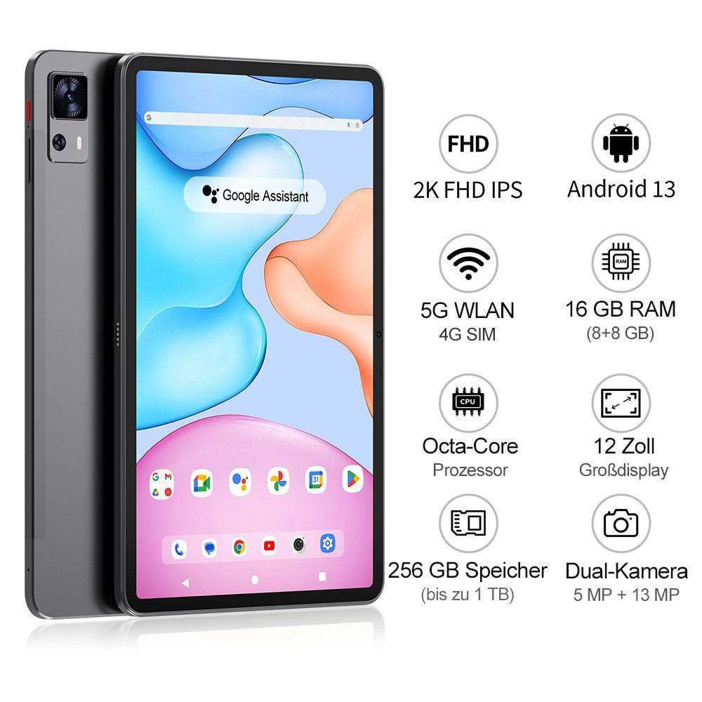 VASOUN TAB 16 Tablet,12 Zoll, Android Tablet,256 GB, 5G WiFi Tablet Tablet (12-Zoll-Tablet", 256 GB, (16(8+8)GB RAM,13MP Kamera,8000mAh)