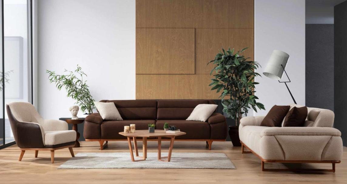 3-Sitzer/2x Braun (4-St., Dreisitzer Sofa in 2x JVmoebel Made Wohnzimmer-Set Einrichtung Europa Sessel 3+3+1+1 Sofagarnitur Sessel), Luxus Sofort,