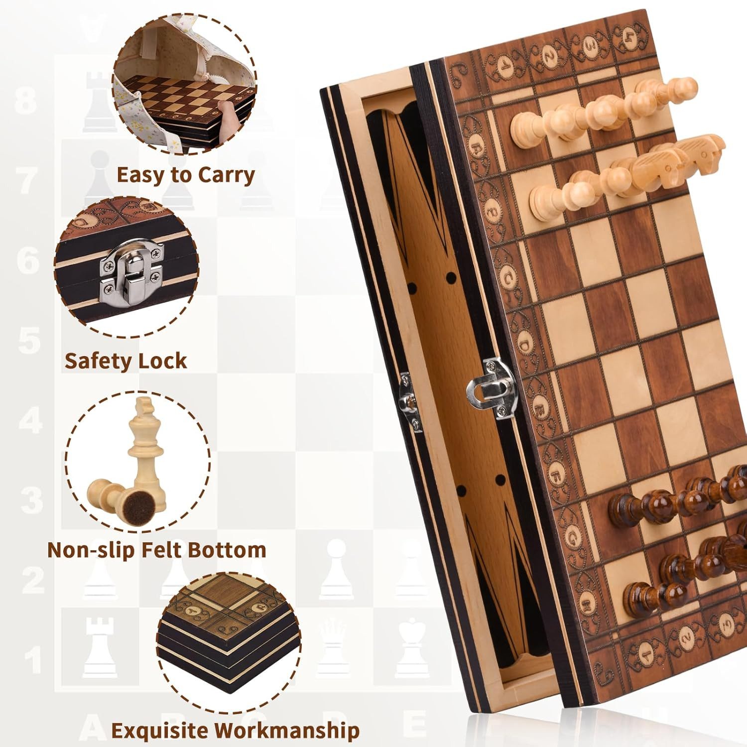 Holz Lichter Spiel Schachspiel Holz 3 in 1, Schachset klappbar, Reiseschach, Magnetische Figuren: Sicherer Halt ideal für Reisen&unterwegs