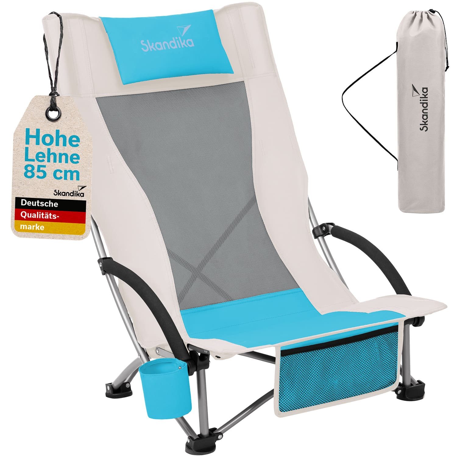 Skandika Campingstuhl Beach, Strand Stuhl, Hohe Rückenlehne, Klappstuhl, max. 136 kg (Extra breite Füße, Organizer-Tasche, robuste Stahlgestell), mit atmungsaktivem Mesh, Getränkehalter, Vordertasche, Kopfkissen