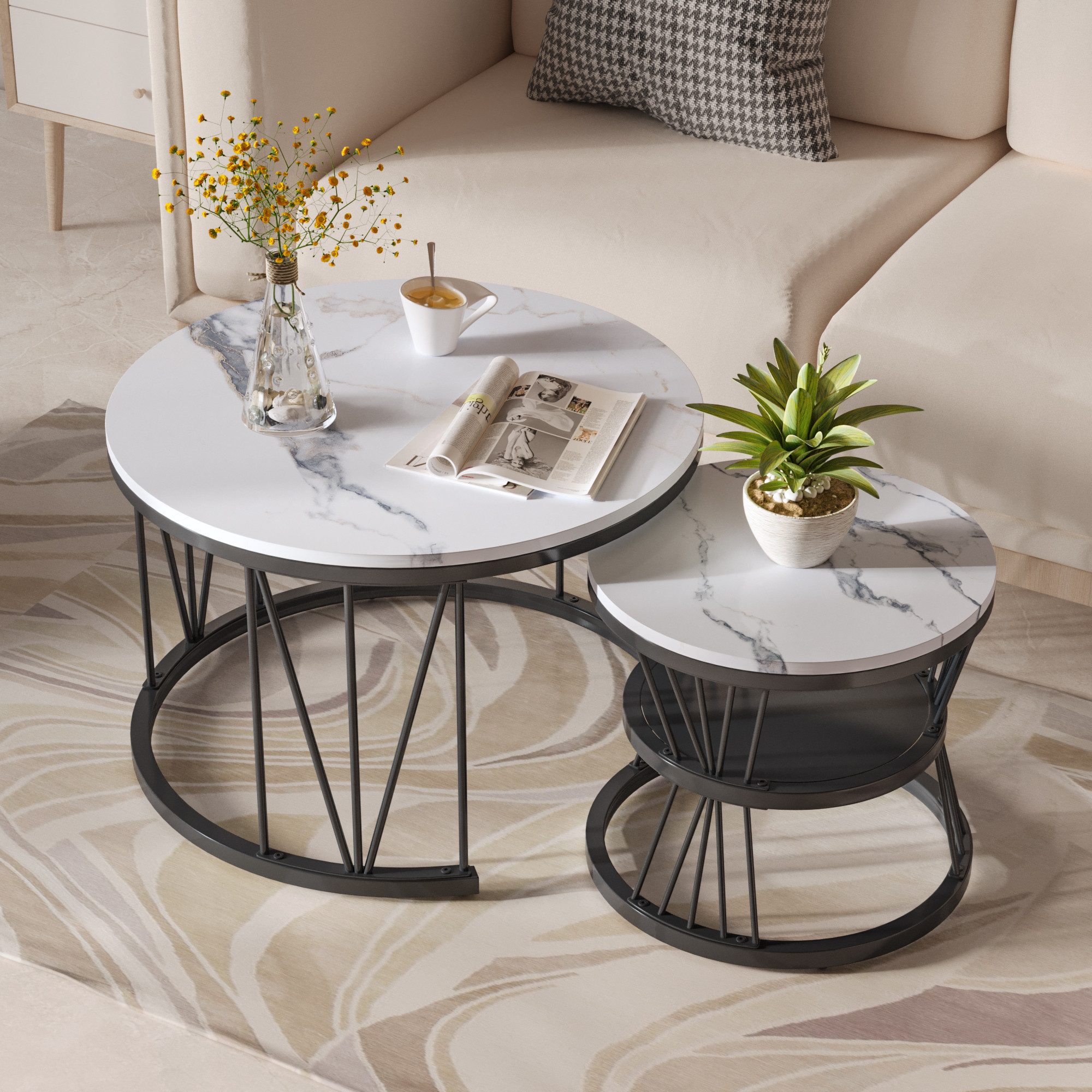 NMCXXO Couchtisch Elegantes 2er Set Couchtische aus Metall und Marmor (2-St., Platzsparendes stapelbares Design), Moderne, robuste Beistelltische im industriellen Design.