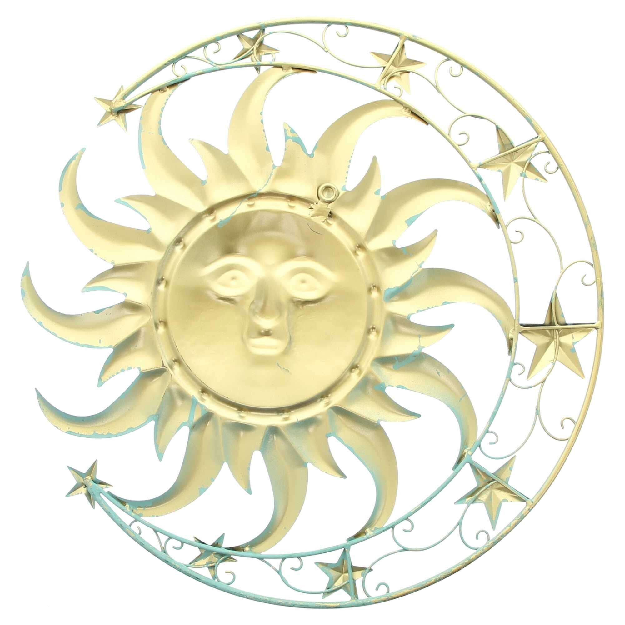 Dekoleidenschaft Wanddekoobjekt "Sonne, Mond & Sterne" 3D Wanddeko aus Metall, Metallbild, Wandbild, Wanddekoration mintgrün & gold, Ø 46 cm, Metalldeko, Wandschmuck