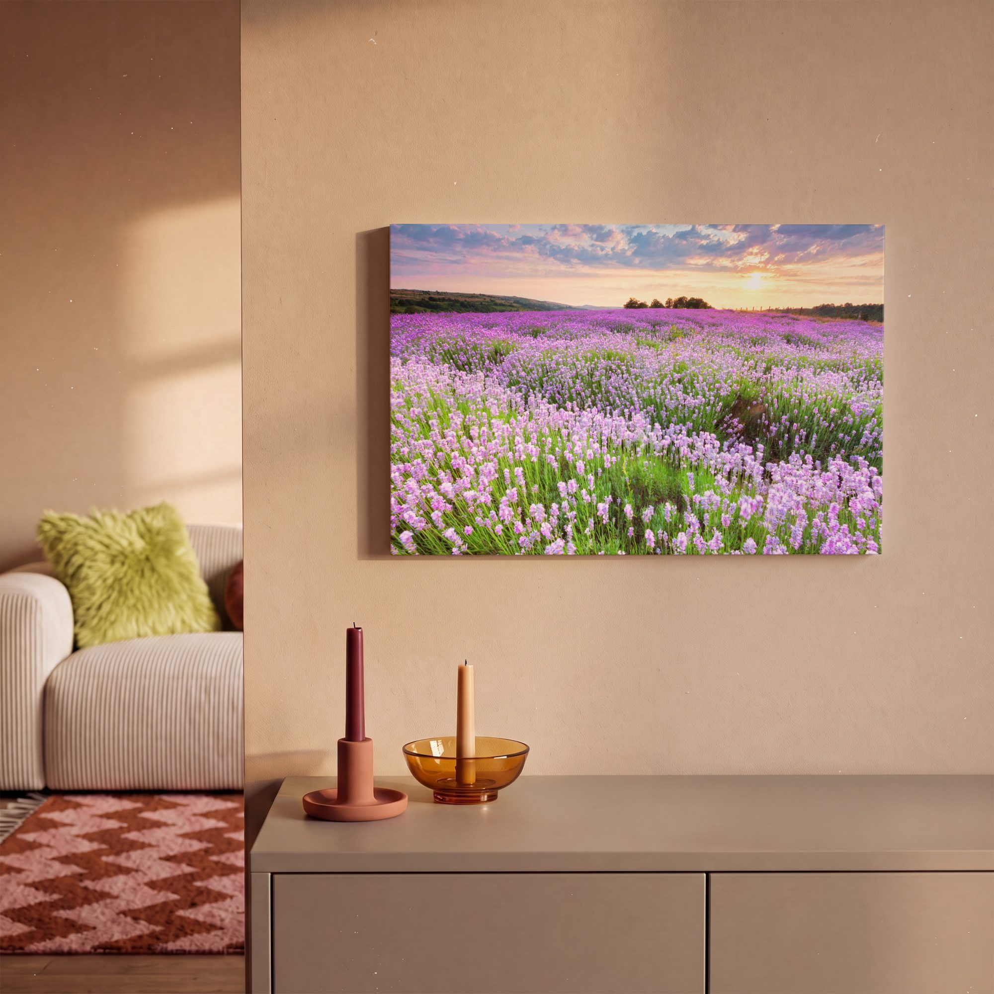 OneMillionCanvasses® Leinwandbild Blumen - Lavendel - Lila - Himmel - Sonnenuntergang - Wiese - Natur, Fotodruck (1 St), Leinwand Bilder Klein, Wand Dekoration  – Bild 2 von 5