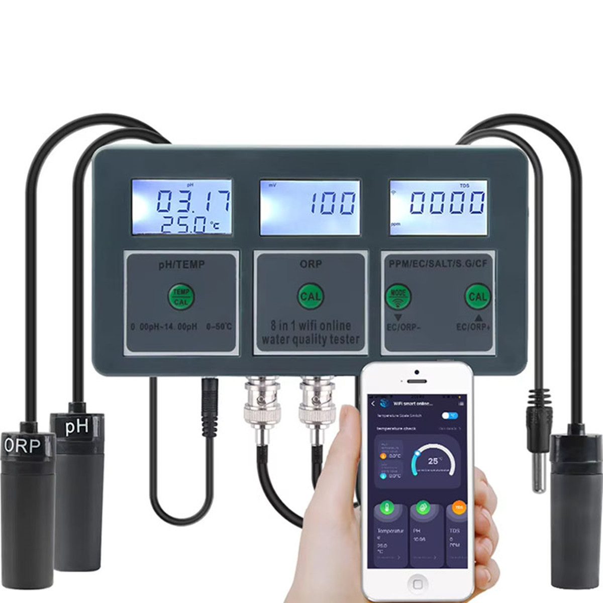 Insma pH-Messgerät 8 in1 WiFi Wasserqualitätsmessgerät pH EC ORP TDS Salzgehalt, (Temperatur S.G. Monitor Datenlogger), Digital LCD Messgerät-Set für Aquarium Pool Hydroponik