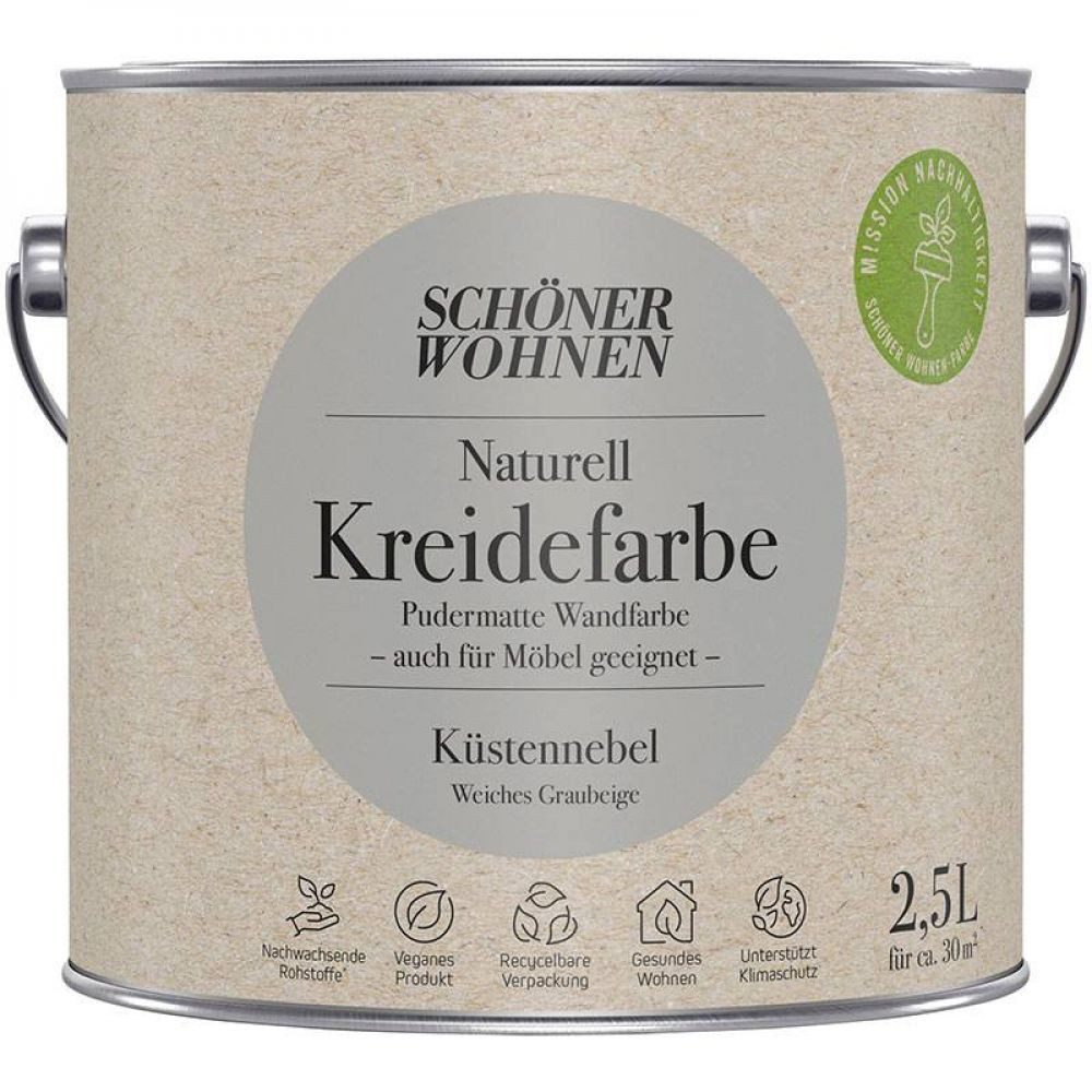 SCHÖNER WOHNEN FARBE Wandfarbe Schöner Wohnen Naturell Kreidefarbe 2,5 Ltr. Küstennebel weiches Gra