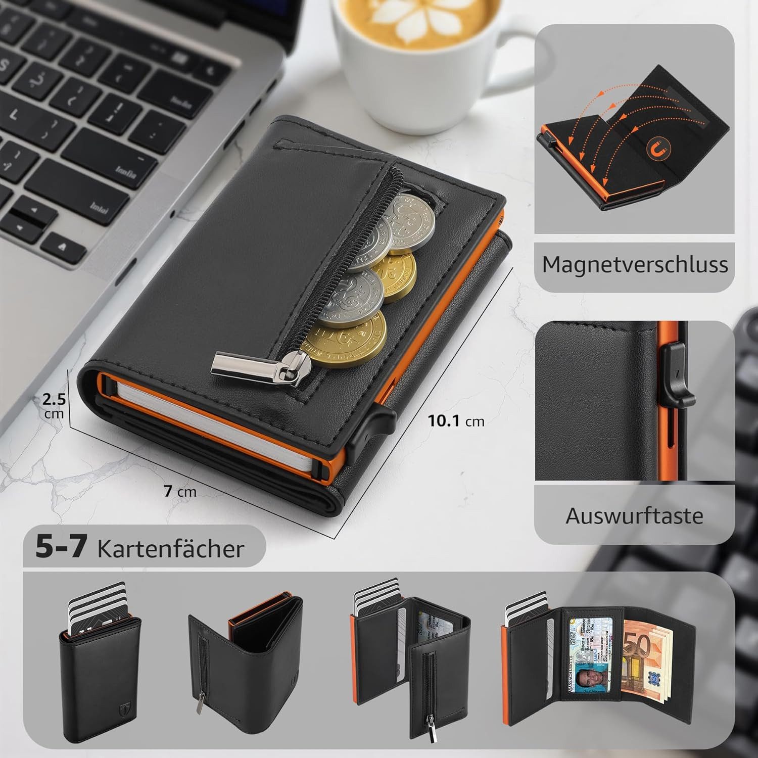 TEEHON Geldbörse Herren mit RFID-Schutz, Portmonee Herren Smart Wallet 3.0 (mit 8 Kartenetui, Geldbeutel ID-Fenster, Münztasche, Kartenhalter), Slim Wallet Wallets for Men (Schwarz Orange Modern)