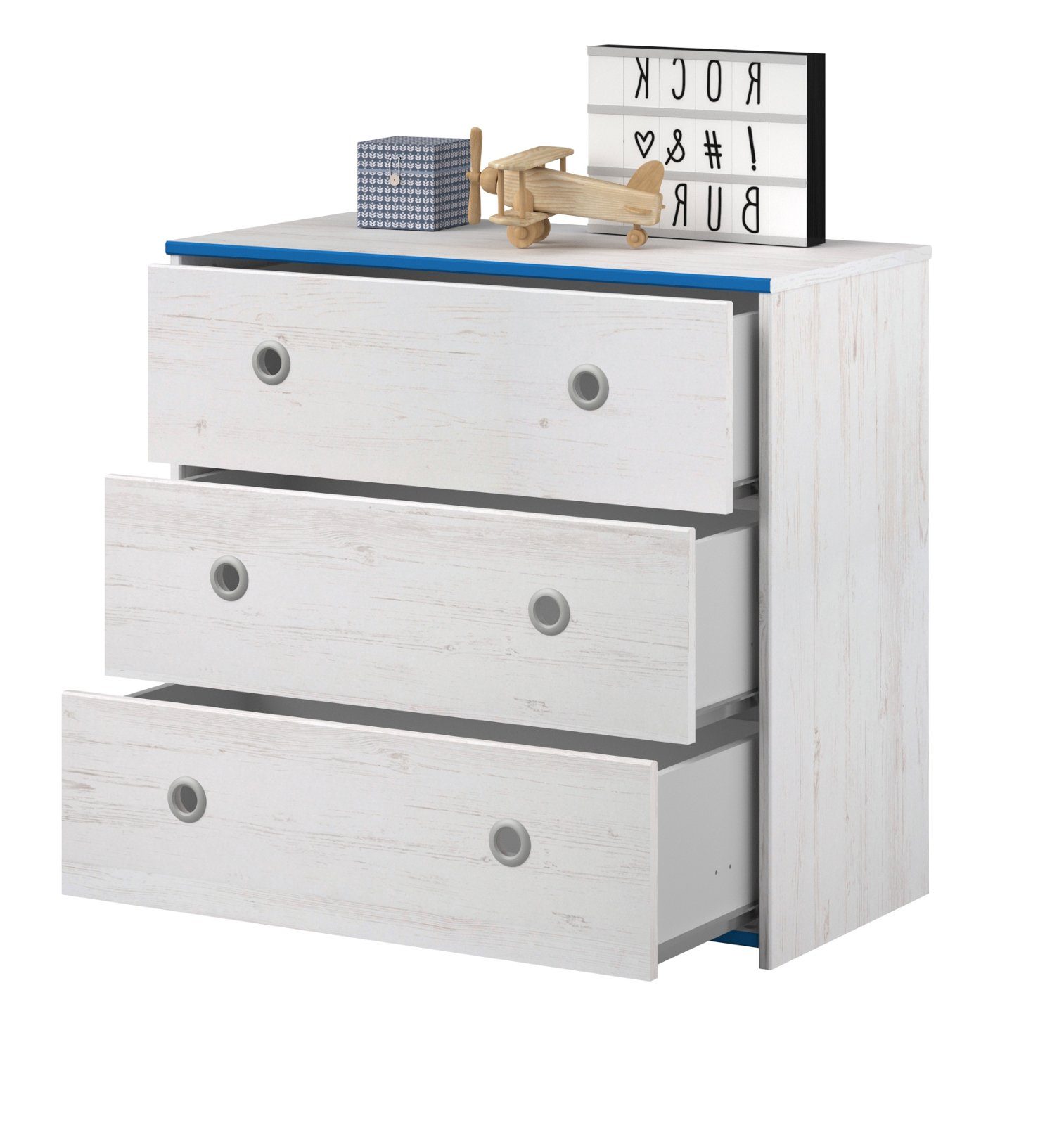 Parisot Tivaro youth bedroom set (loft bed (90x200) with desk and chest of drawers, pine white with blue or pink), no slatted base required