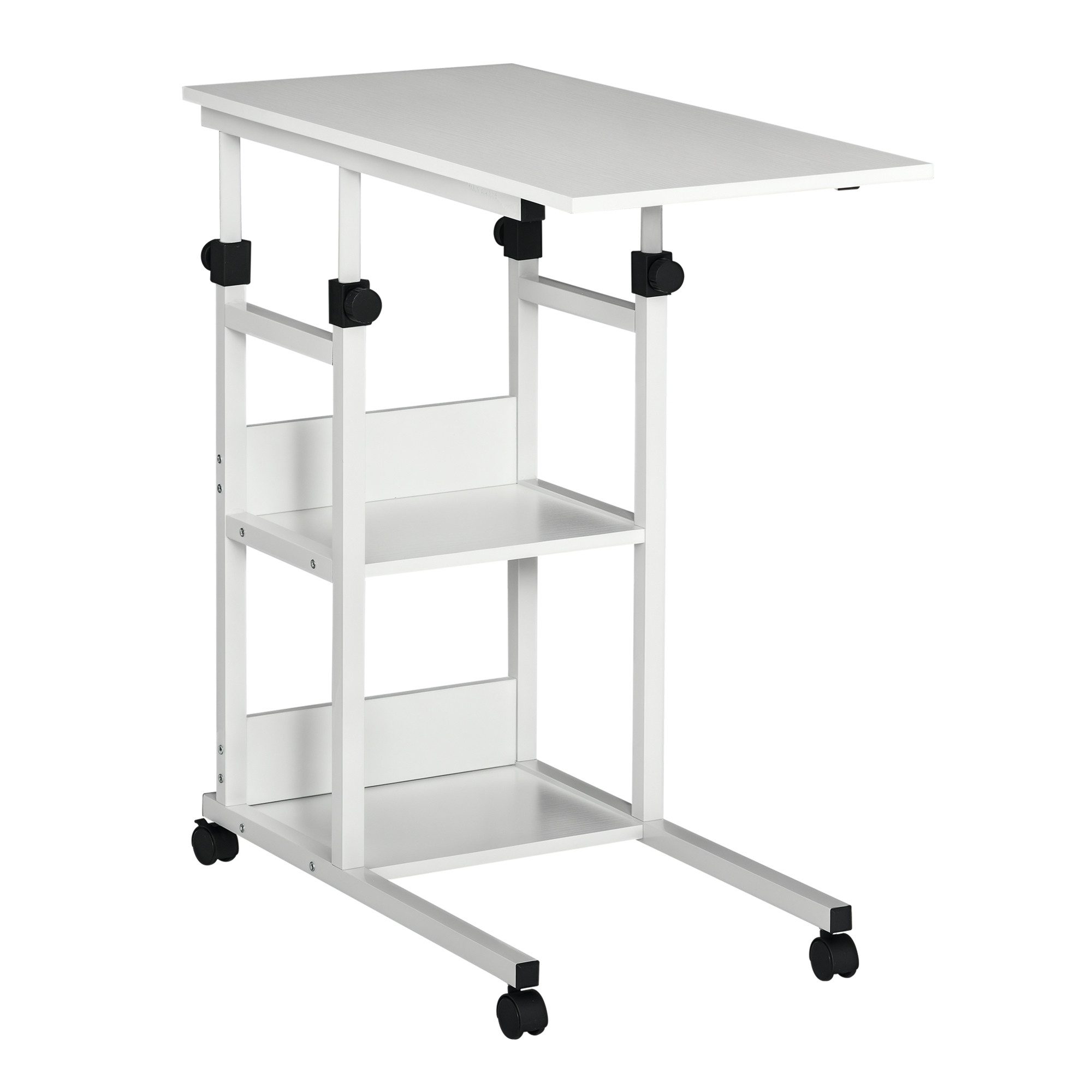 HOMCOM Beistelltisch Couchtisch mit Rollen, Schreibtisch mit 2 unteren Regalen, Sofatisch (Laptoptisch, 1-St., Betttisch), für Esszimmer Wohnzimmer, Metall, Weiß, 80x40x72-82 cm