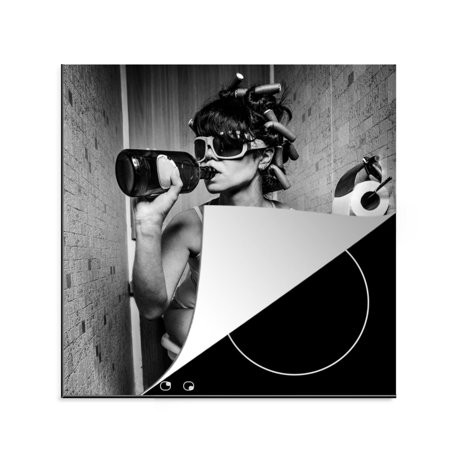 MuchoWow Herdblende-/Abdeckplatte Frau - Toilette - Schwarz - Weiß, Vinyl, (1 tlg), 78x78 cm, Ceranfeldabdeckung, Arbeitsplatte für küche
