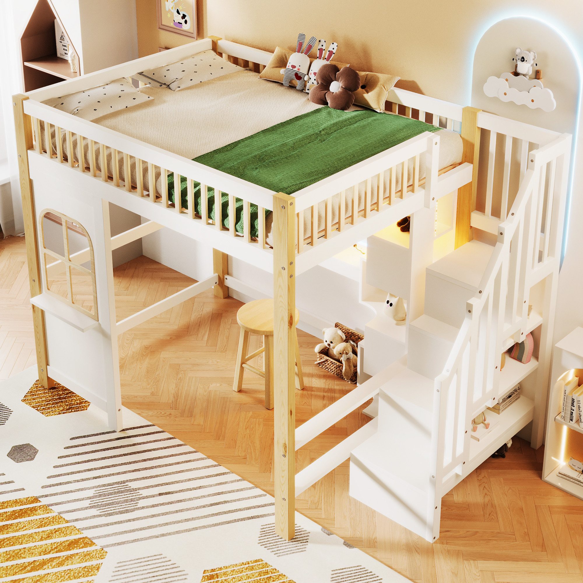 Merax Hochbett mit LED und Steckdose (1-St., Stockbett Jugendbett Hausbett Etagenbett Einzelbett) Kinderbett 140x200cm mit Schreibtisch, Ablagefächern, Treppe & – Bild 4 von 5