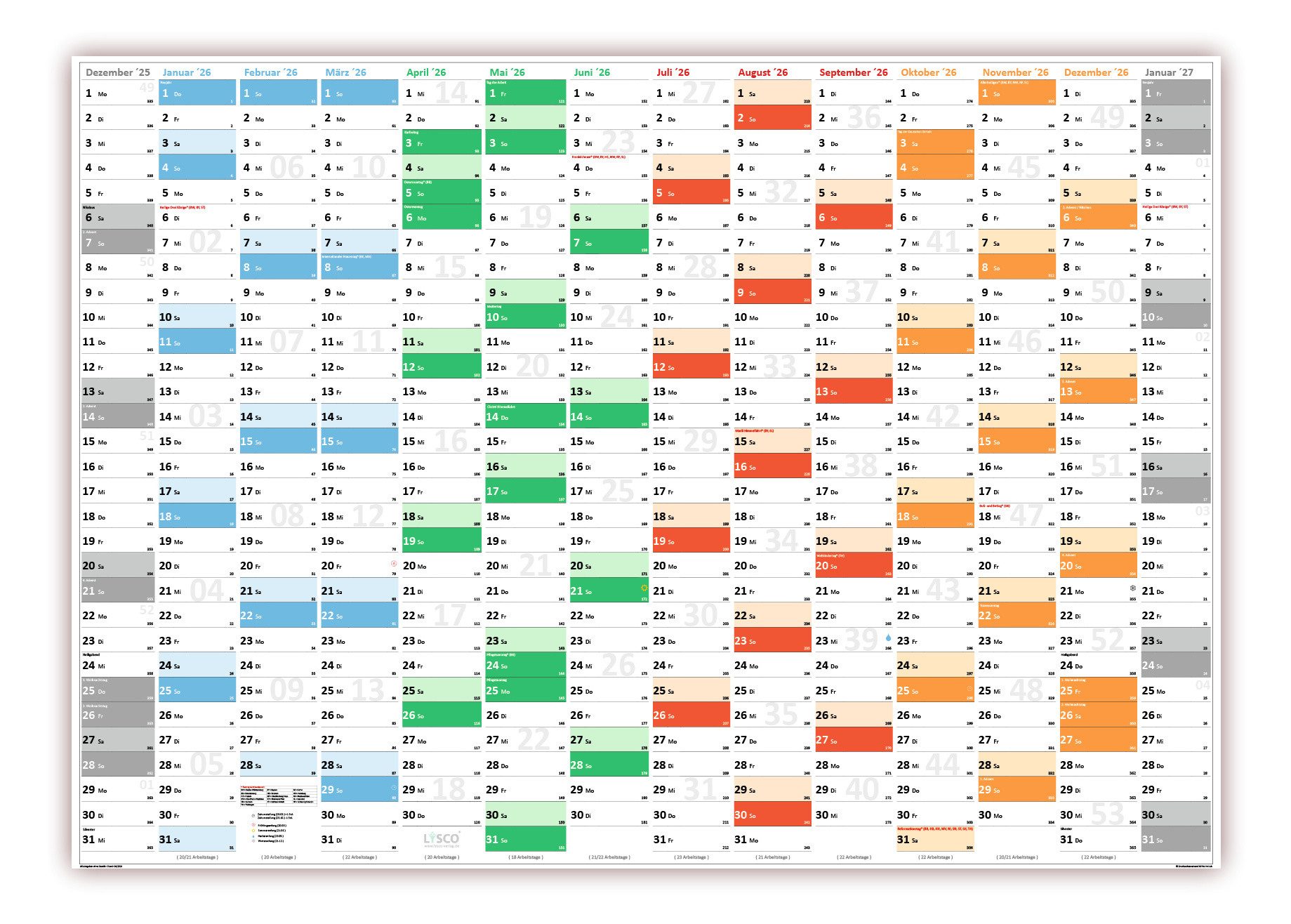 LYSCO Wandkalender Rainbow Premium Classic2 Wandplaner 2026 (gerollt), erhältlich in den Formaten DIN A2, DIN A1 und DIN A0, Rainbow Kalender Terminkalender Bürokalender Jahreskalender