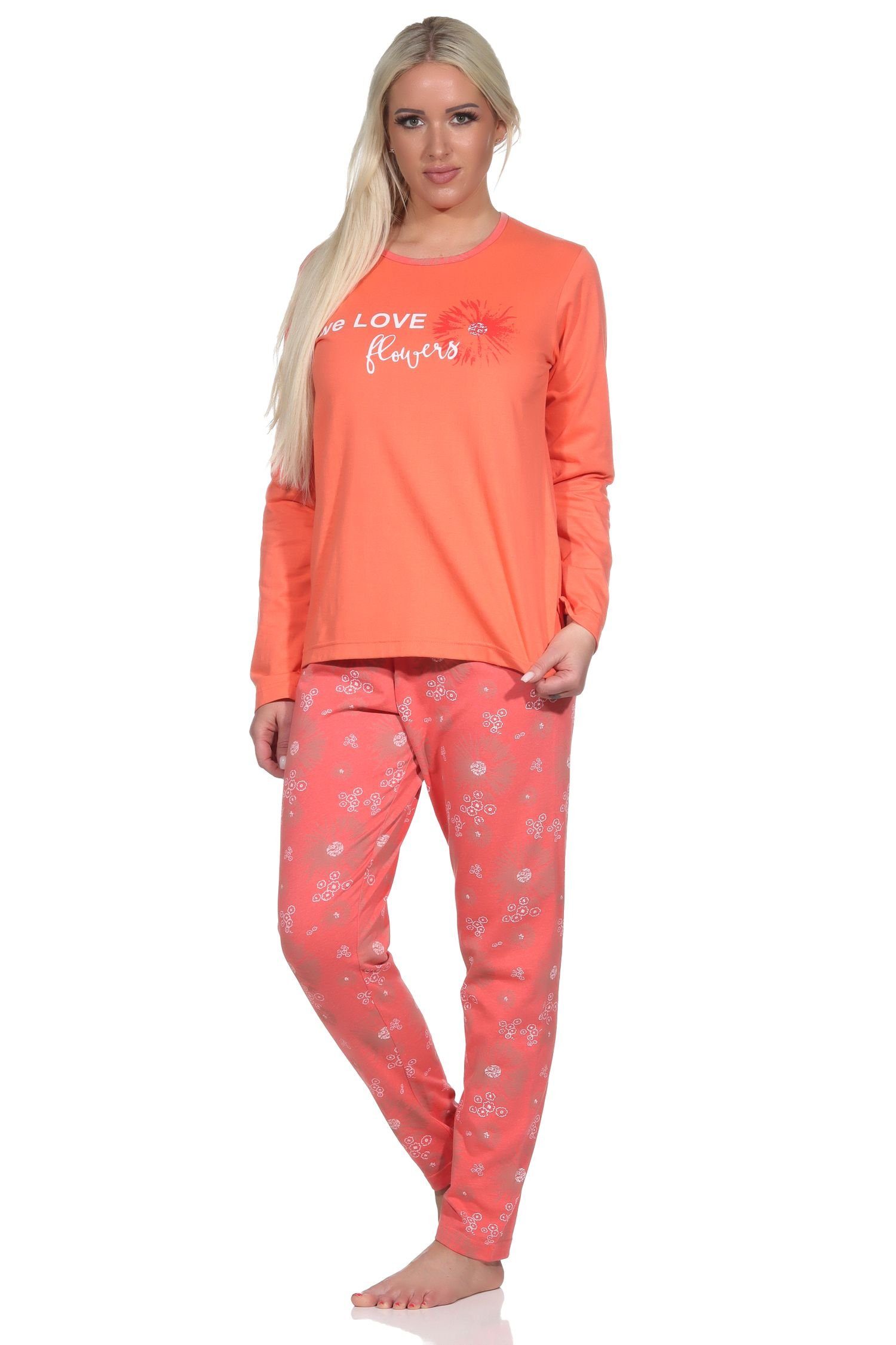 Normann Pyjama Verspielter Damen Pyjama mit Muster floralem apricot Schlafanzug lang