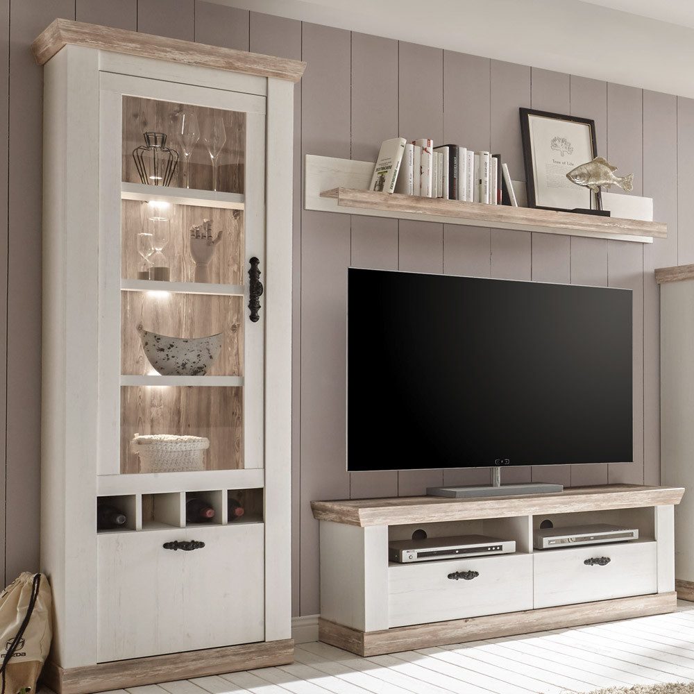 Lomadox Wohnwand FERNA-61, (4-St), Pinie weiß und Oslo Nb. 215x201x44 cm