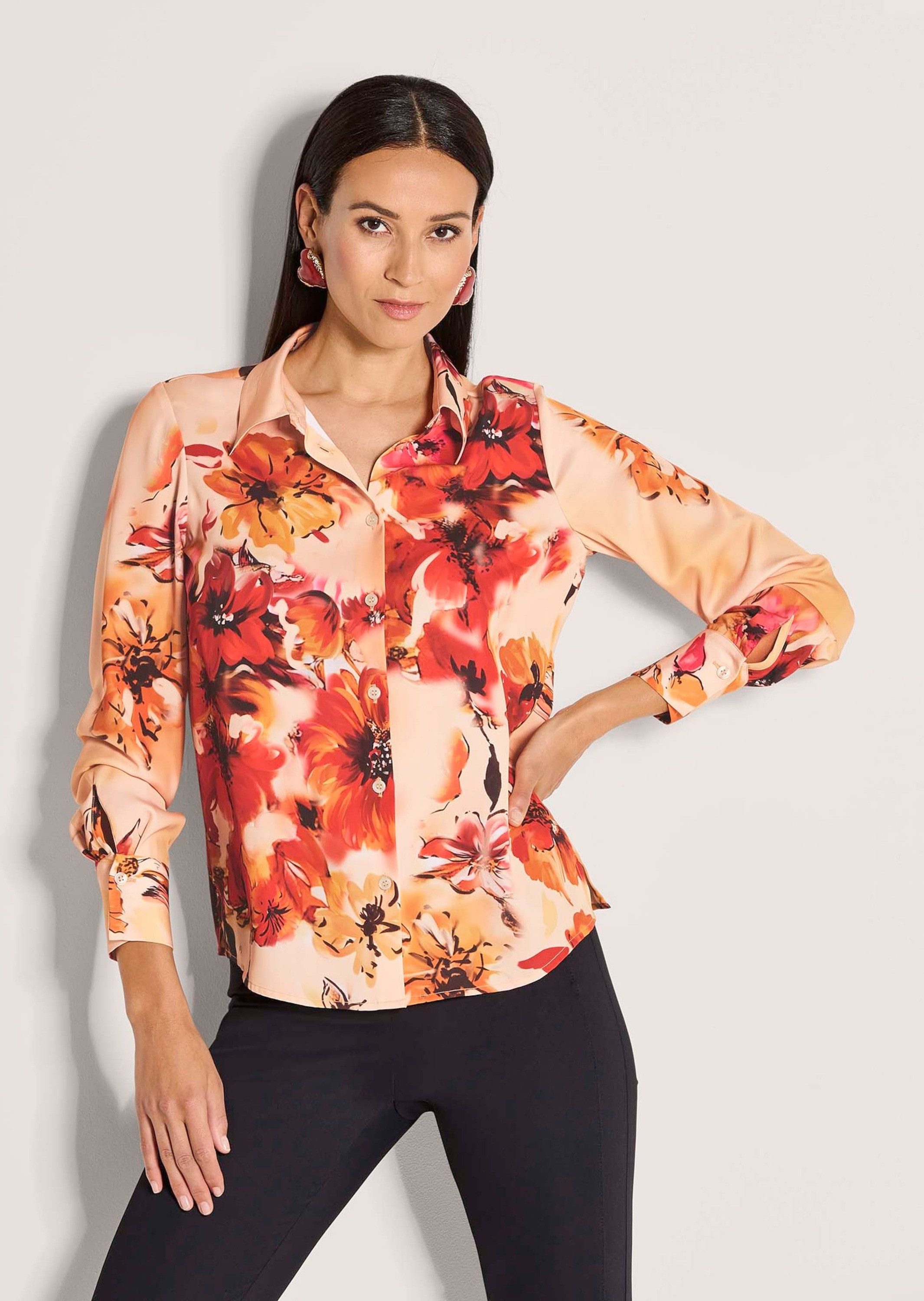 MADELEINE Langarmbluse Elegante Bluse mit Hemdkragen Florales-Muster, Knopfleiste, lange Ärmel
