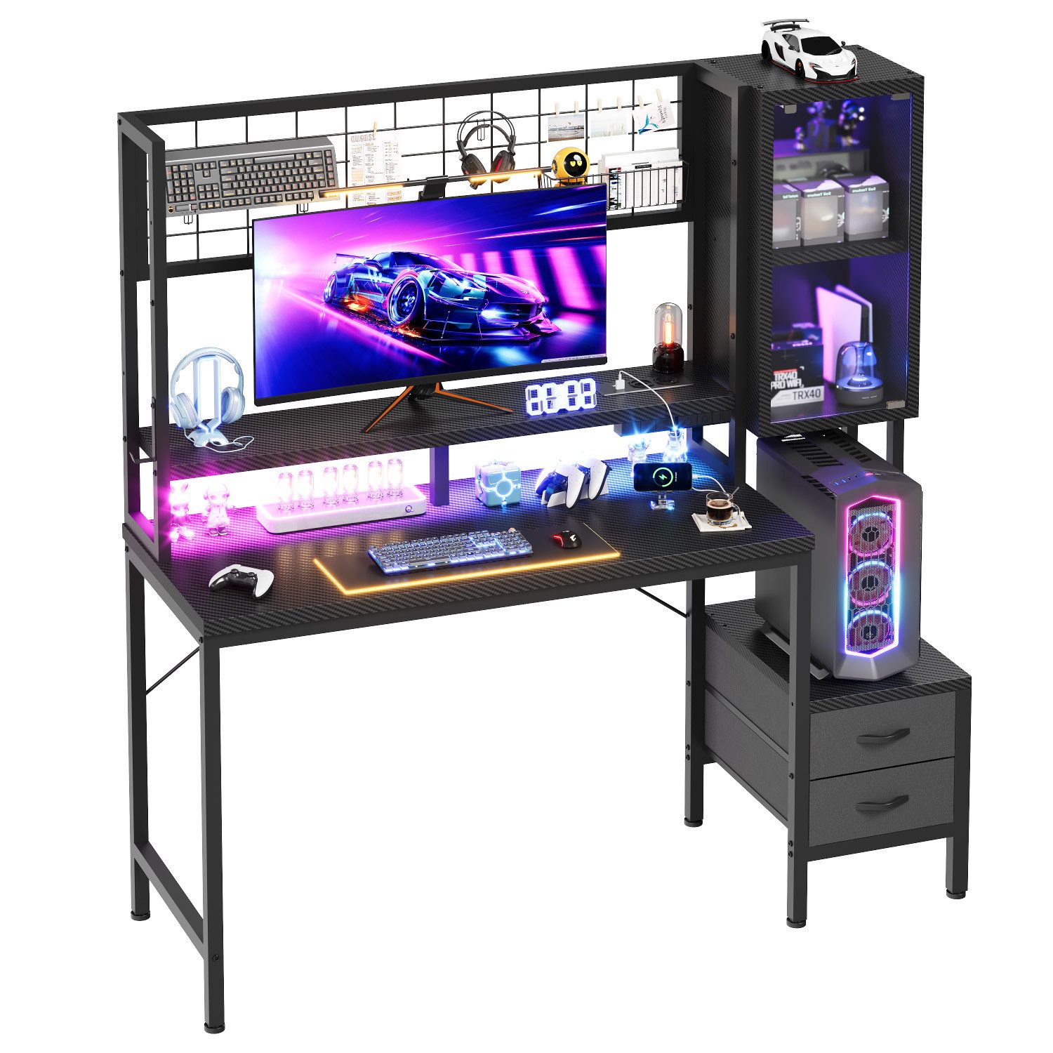 HOMALL Eckschreibtisch 100/120L Form mit Ablagefächern, 2 Tier DIY Lagerregalen Computertisch (mit Monitorstander & Vitrine, mit 2 Schubladen, Ergonomischer Computertisch mit Stromleiste, 120/14ocm Schreibtisch fur Gaming & Homeofice,Schwarz), Schreibtisc
