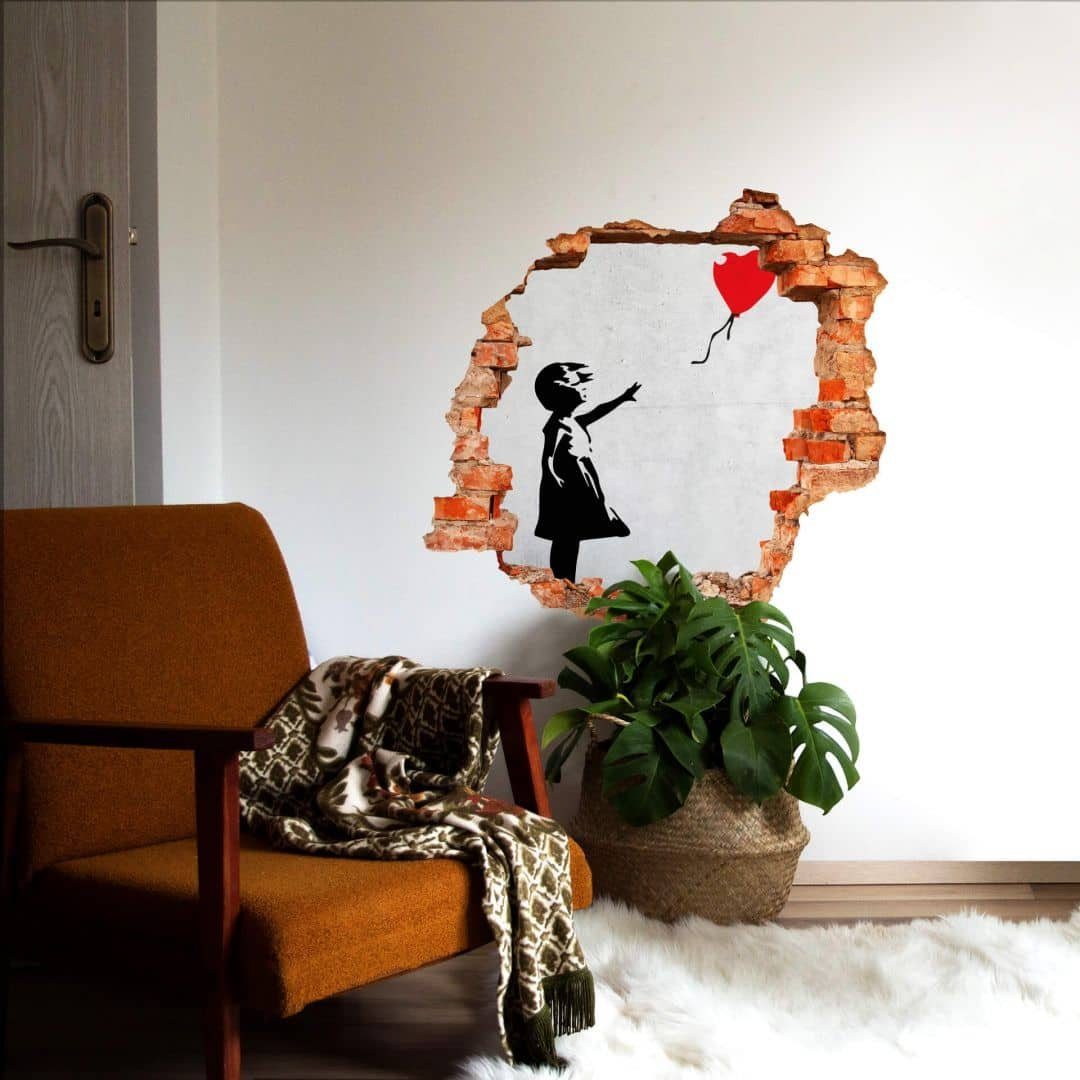 K&L Wall Art Wandtattoo 3D Aufkleber Banksy Graffiti Girl with the red balloon Luftballon, Mauerdurchbruch Wandbild selbstklebend