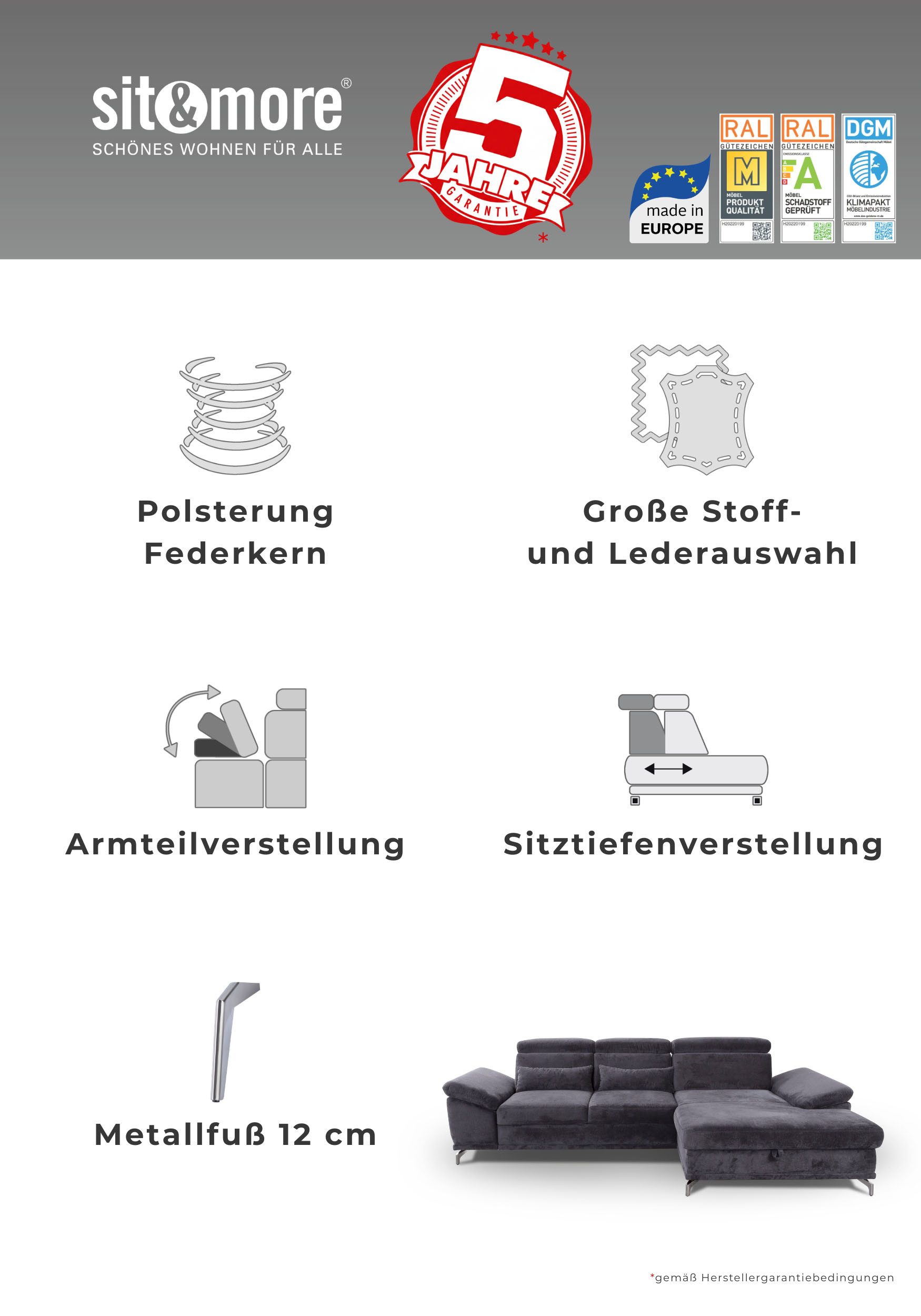 sit&more Ecksofa Cabrio L-Form, B: 295 cm, mit Sitztiefen-, Arm- & Kopfteilverstellung, 2 Nierenkissen, Federkern, optional Schlaffunktion und Stauraum