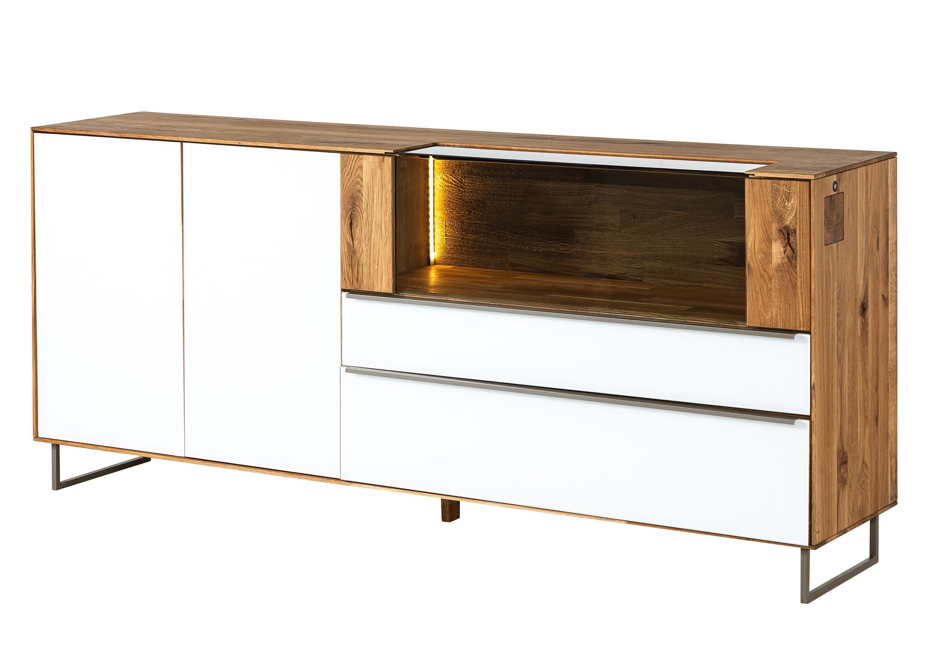 Massivmoebel24 Sideboard WIEN (Massivholz), Wildeiche 200x43x87 natur geölt / Glas weiß WIEN #121
