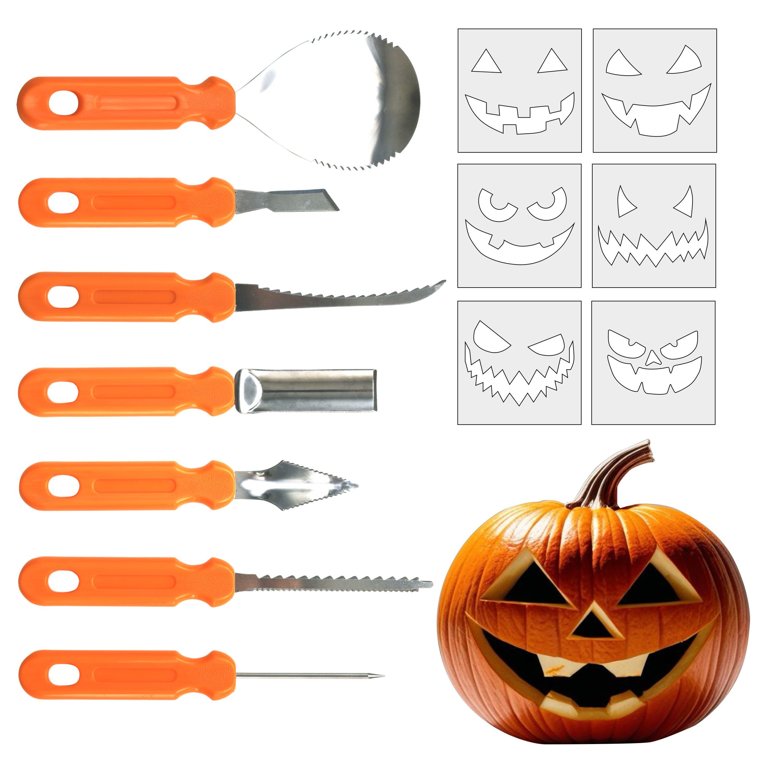 Adrilo Schälmesser Halloween Kürbis Schnitzset 7-teilig mit 6 Schablonen Edelstahl, Kreatives Schnitzset für gruselige Kürbisse