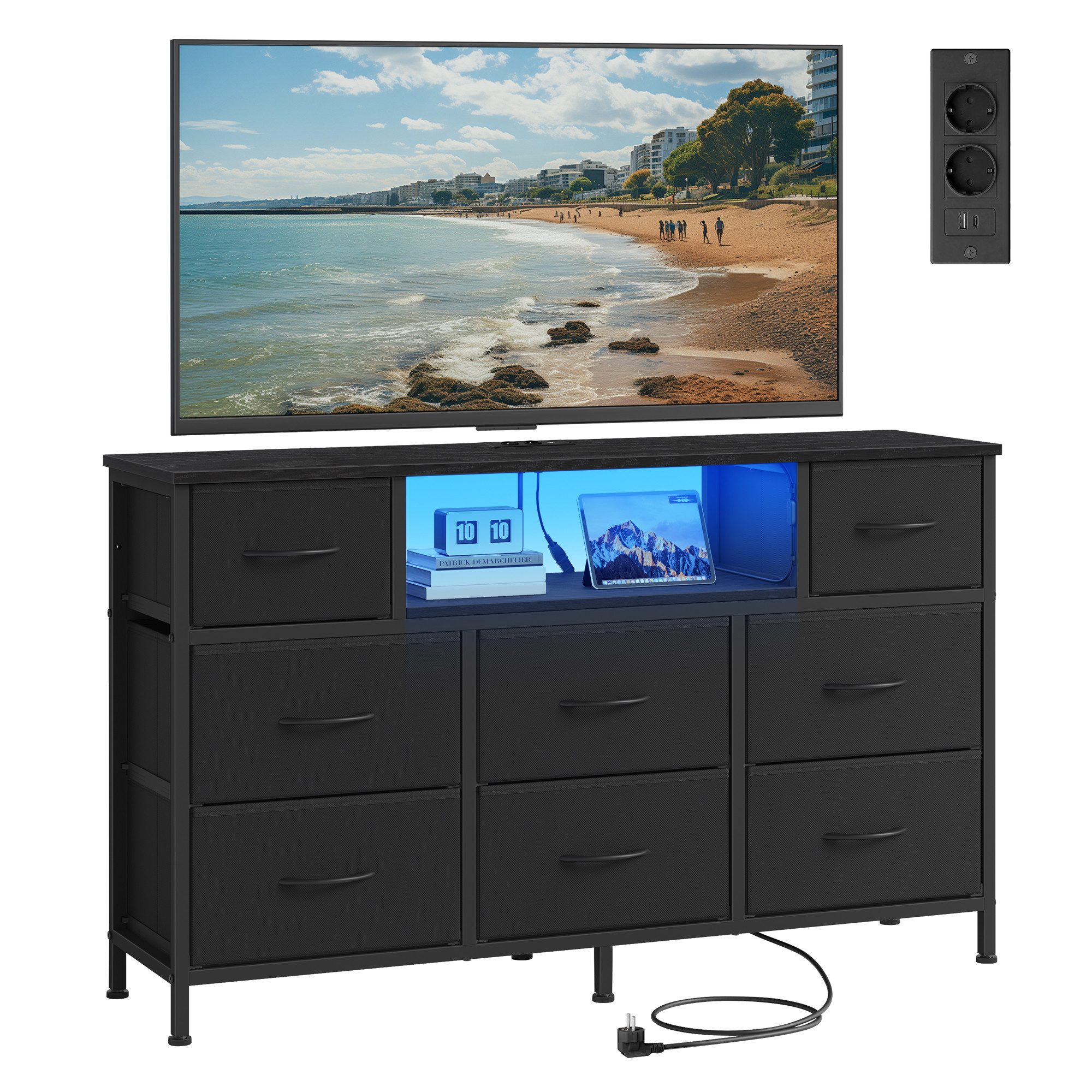 SONGMICS Kommode Sideboard mit Stoffschubladen, Stahlgestell, für Schlafzimmer, TV-Schrank mit Steckdosen und LED-Beleuchtung, 113,8 x 30 x 68,1 cm