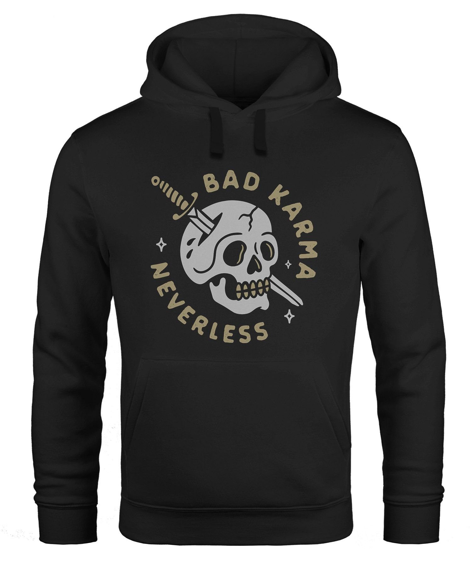 Hoodie Hoodie Herren Bikermotiv Skull Bad Karma Schriftzug Fashion Streetstyle Kapuzen-Pullover Männer Neverless®