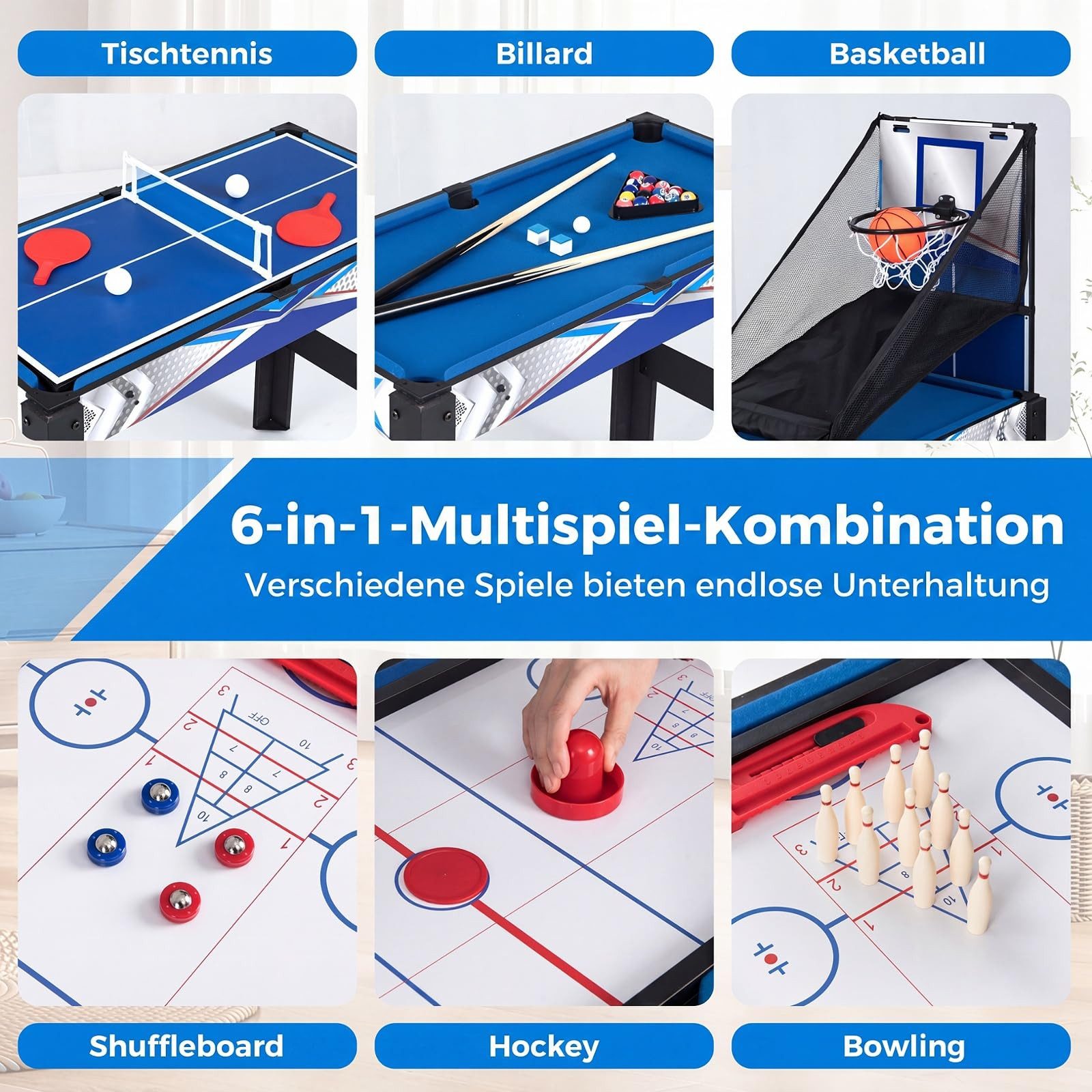 COSTWAY Spieltisch, 6 in 1 Tischkicker, Air Hockey, mit Zubehör
