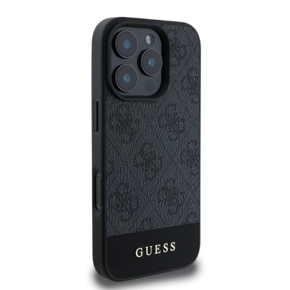Guess Handyhülle iPhone 16 Pro Max Kunstleder grau Muster mit goldfarbigen Logo