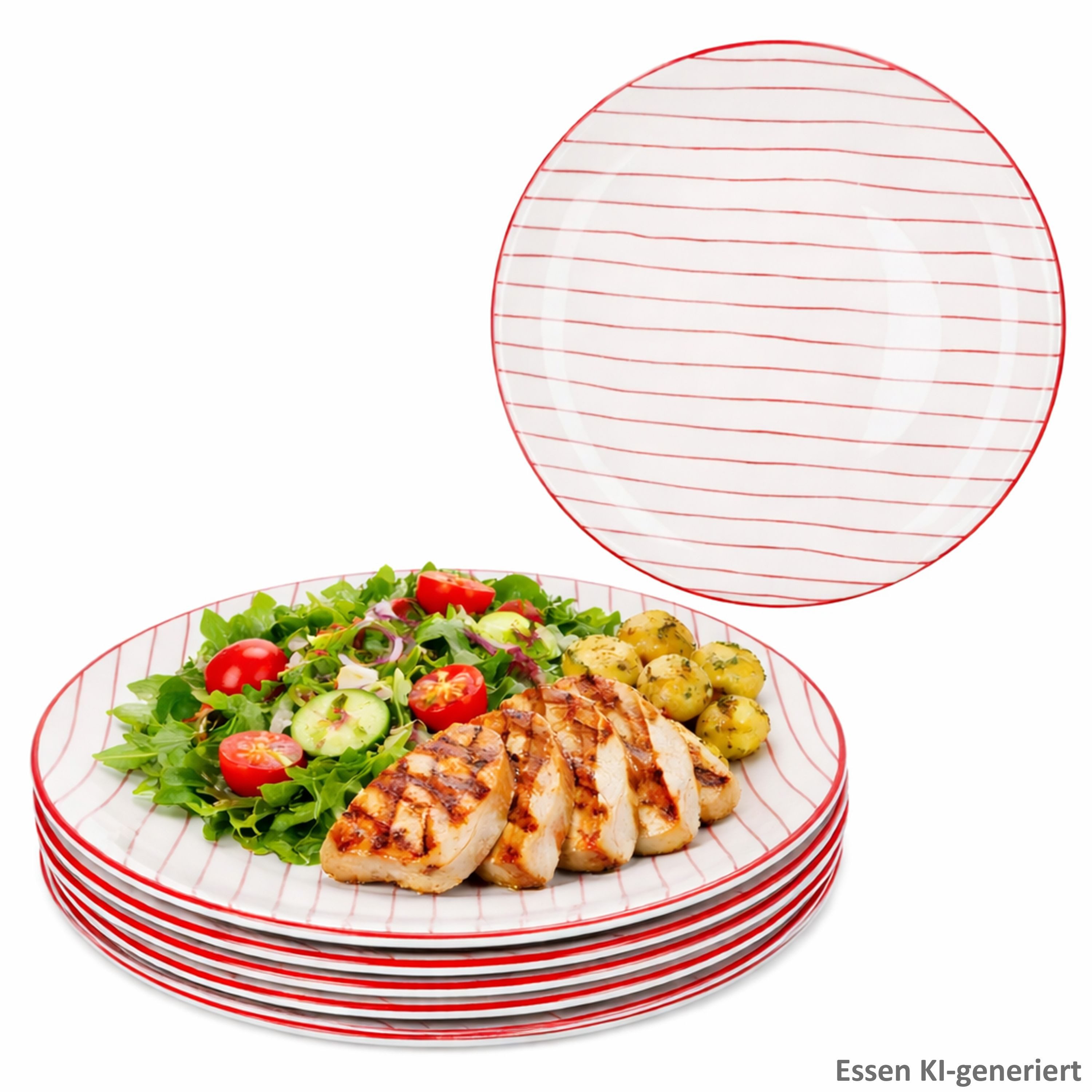 MamboCat Speiseteller MamboCat 6er Set Speiseteller rot gestreift Steingut Ø25,2cm weiß
