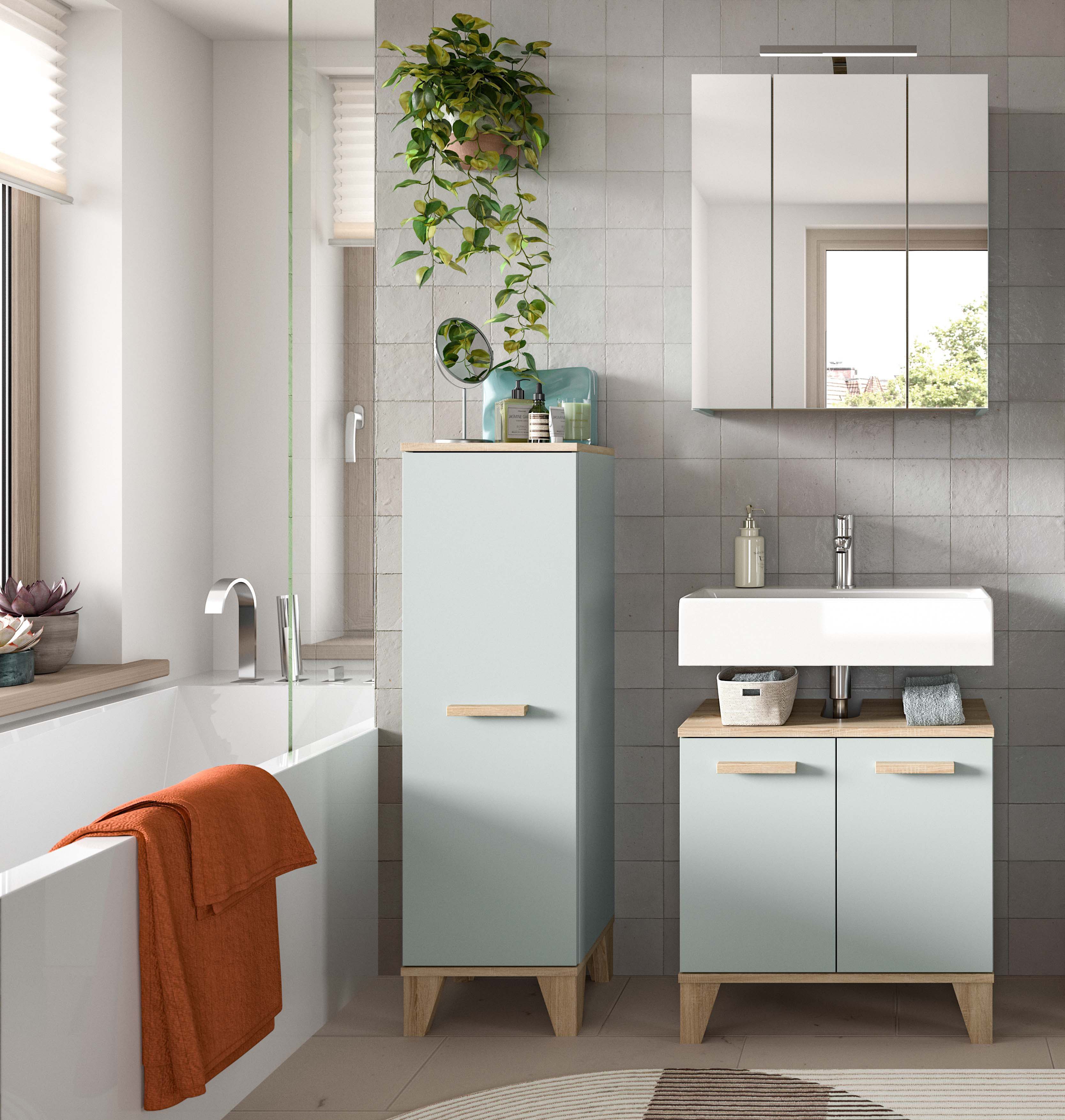 welltime Badmöbel-Set MINTTU, 3-teilige moderne Badkombi im SCANDI-Look, inkl. Beleuchtung, (3-St., bestehend aus: Midischrank, Waschbeckenunterschrank & Spiegelschrank), Bad-Kombination, Bad-Möbel, Badezimmer, Kombination, Kombi, Bad-Set