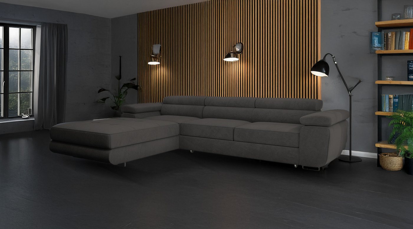 Goldstoff Ecksofa mit Schlaffunktion und Bettkasten, Designer Schlafsofa mit Bettkasten, Big Sofa - VENUS TWIN, Couch mit verstellbaren Kopfstützen in dunkelgrau