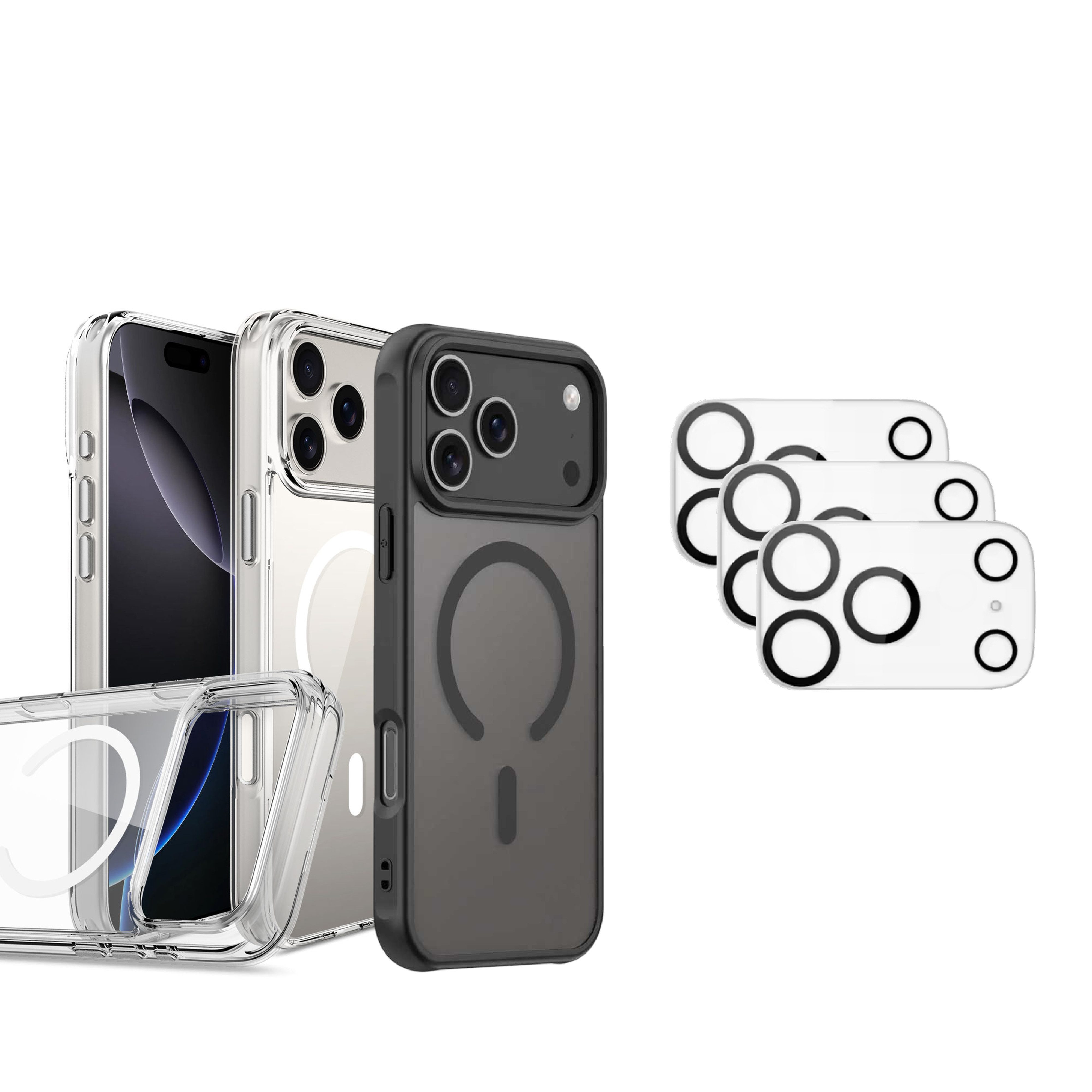 Futurea Smartphone-Hülle iPhone 17 MagSafe Schutzhülle Case mit 3x Kameraschutzglas 6,3 Zoll - 6,9 Zoll, 2x Case für Apple iPhone 17 Air, Pro, Pro Max und 3x Kameraschutzglas