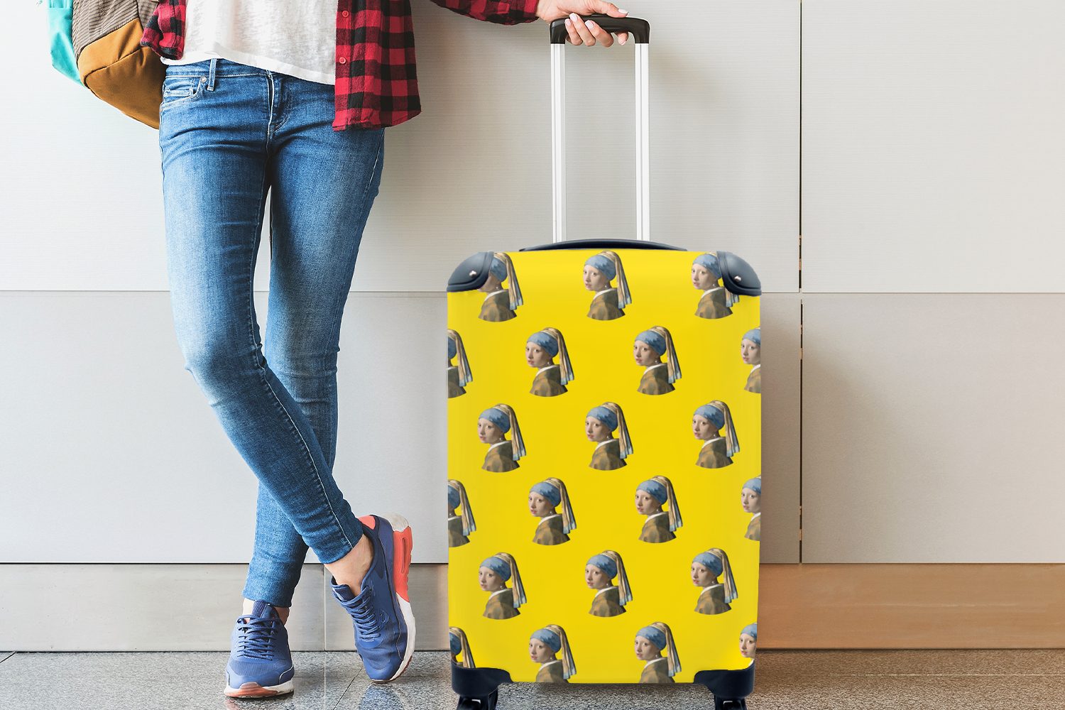 MuchoWow Handgepäckkoffer Mädchen mit dem Handgepäck Trolley, Ferien, rollen, Perlenohrring Reisetasche Reisekoffer Diagramm Gelb, - 4 mit Rollen, - für