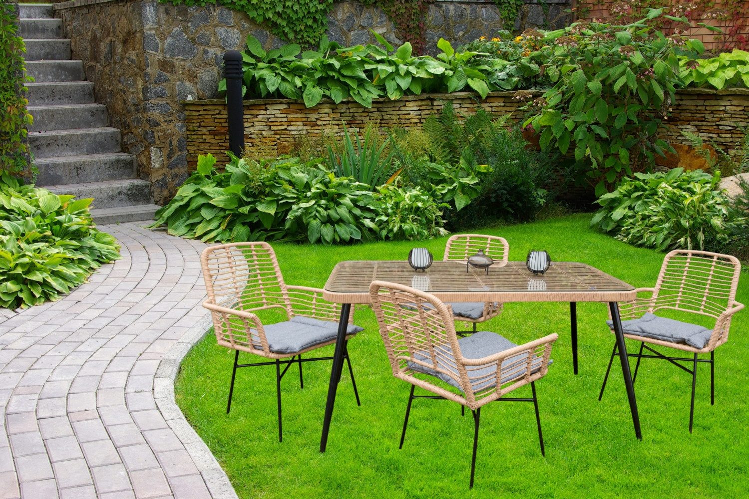 Wohnando Garten-Essgruppe Modernes Gartenmöbelset Essitzgruppe "Nanni", (5-tlg), für 4 Personen mit Sitzauflagen, beige
