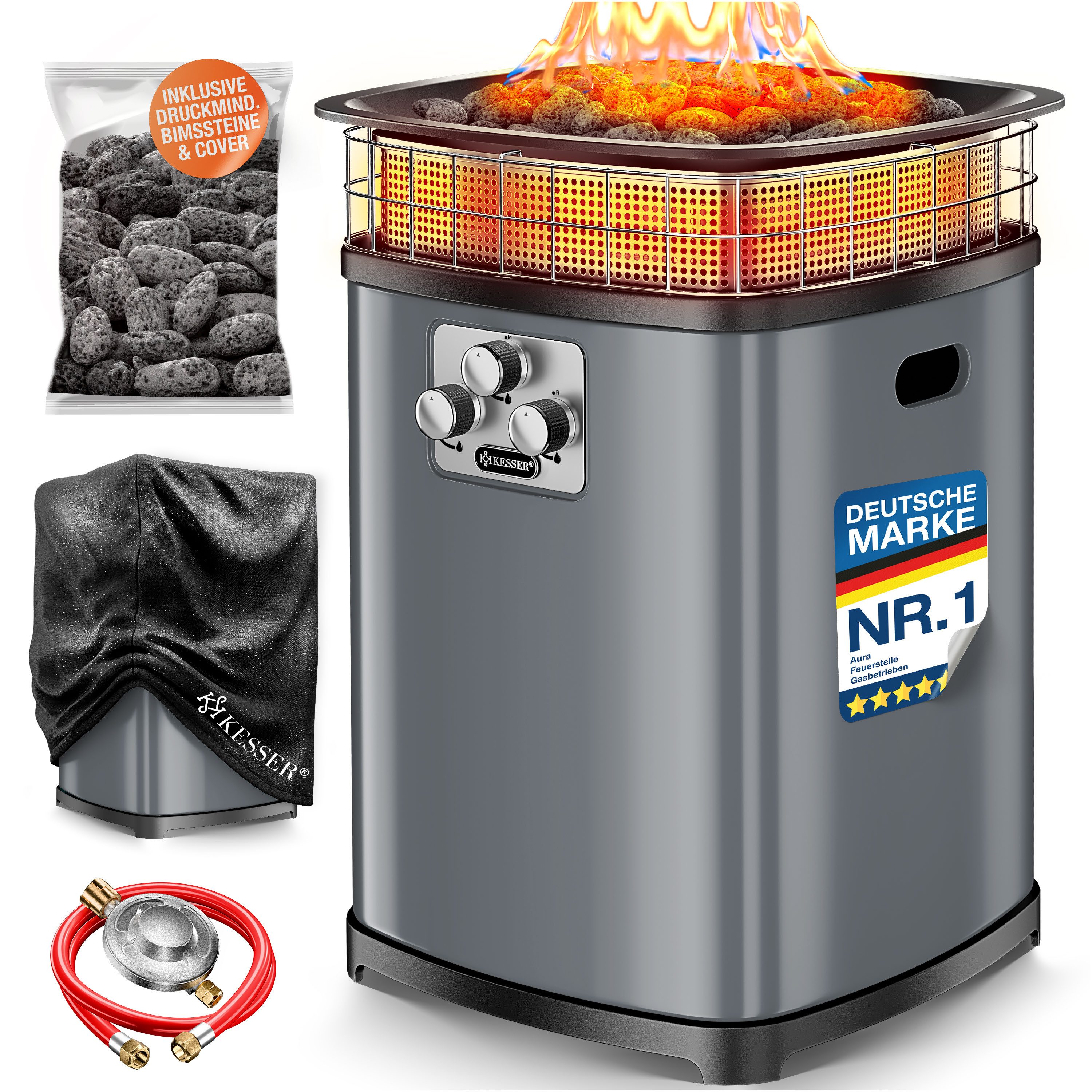 KESSER Feuerschale Gas-Feuerstelle Aura, 18 kW, 360° Wärmeverteilung, für bis zu 120 m² mit Bimssteinen, Deckel & Schutzcover