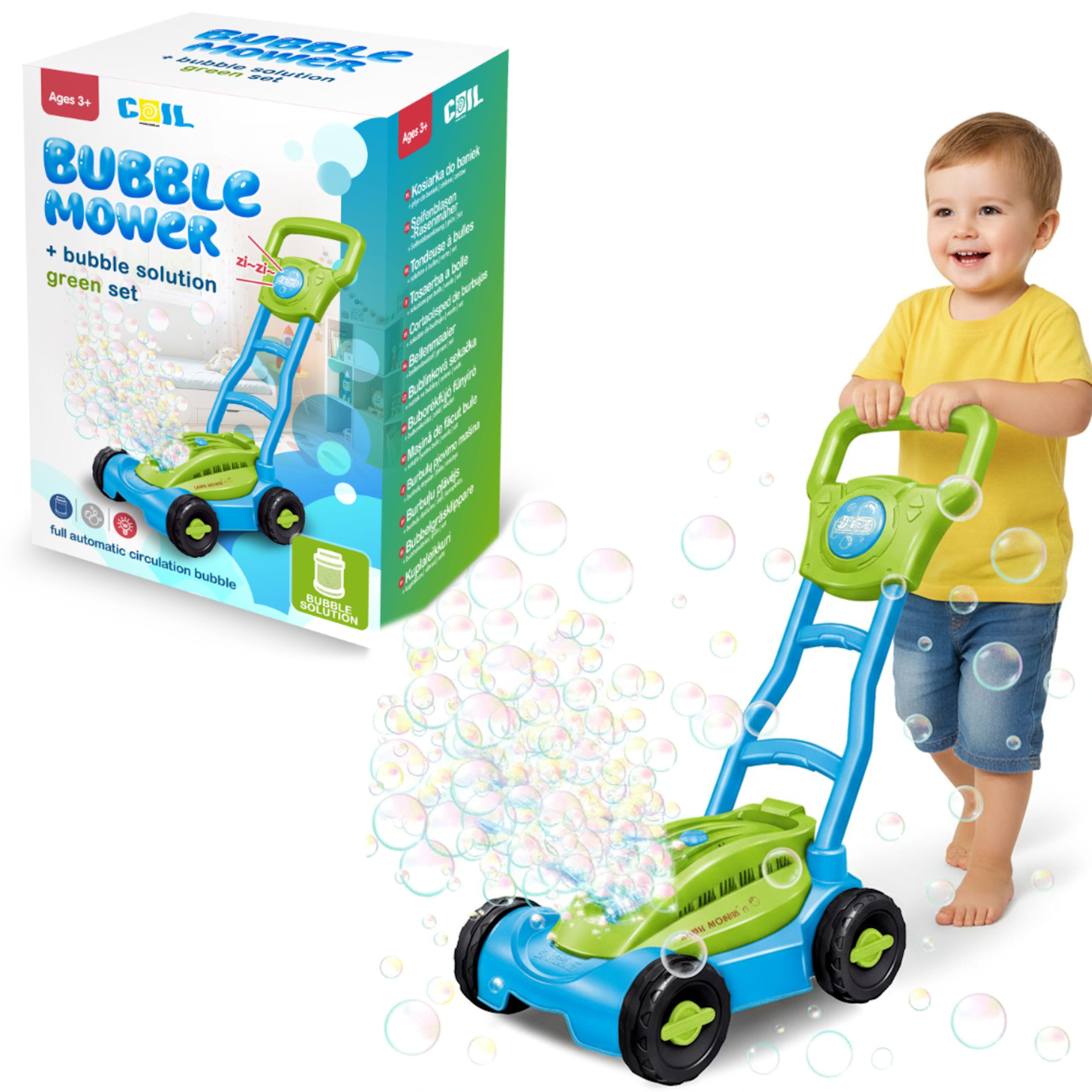 COIL Seifenblasenspielzeug Kinder Seifenblasen-Rasenmäher mit Licht & Sound – für Garten, 13 Löcher, 35.000 Blasen pro Minute, Schröpfflüssigkeit 80 ml