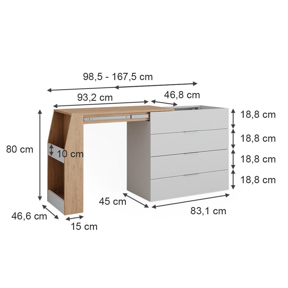 Vicco Schreibtisch Iva, Weiß, 98.5-167.5 x 80 x 47 cm ausklappbar, 4 Schubladen (1-St)