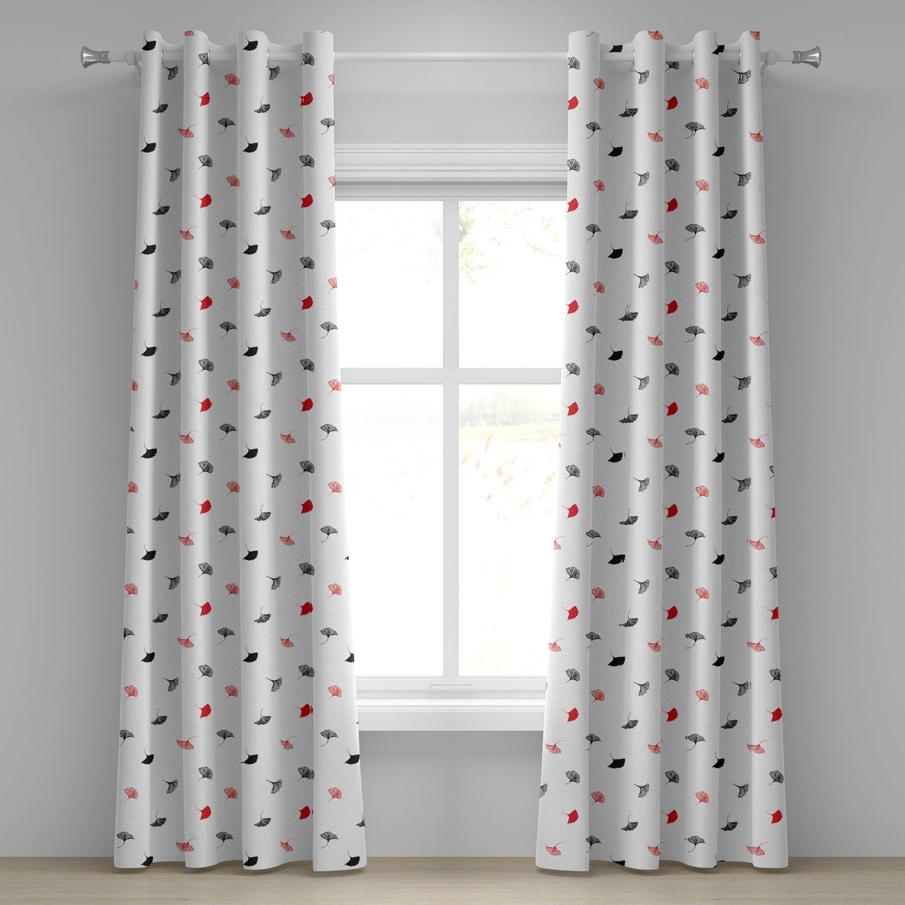 Gardine Dekorative 2-Panel-Fenstervorhänge für Schlafzimmer Wohnzimmer, Abakuhaus, Blatt Rot Schwarz Ginkgo-Blätter
