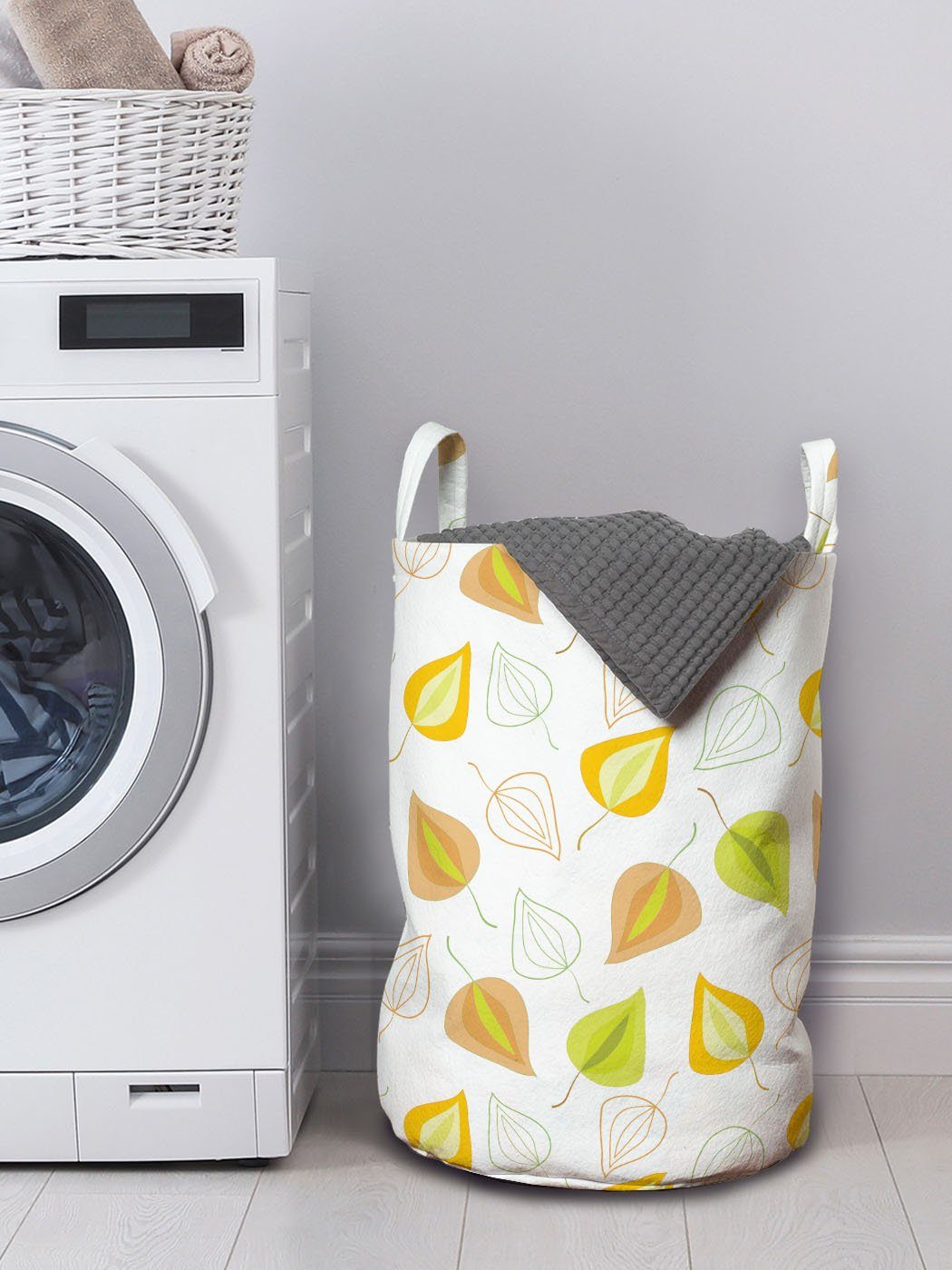 Abakuhaus Wäschesäckchen Wäschekorb mit Hand Griffen Motive Blätter bunte Drawn für Waschsalons, Kordelzugverschluss