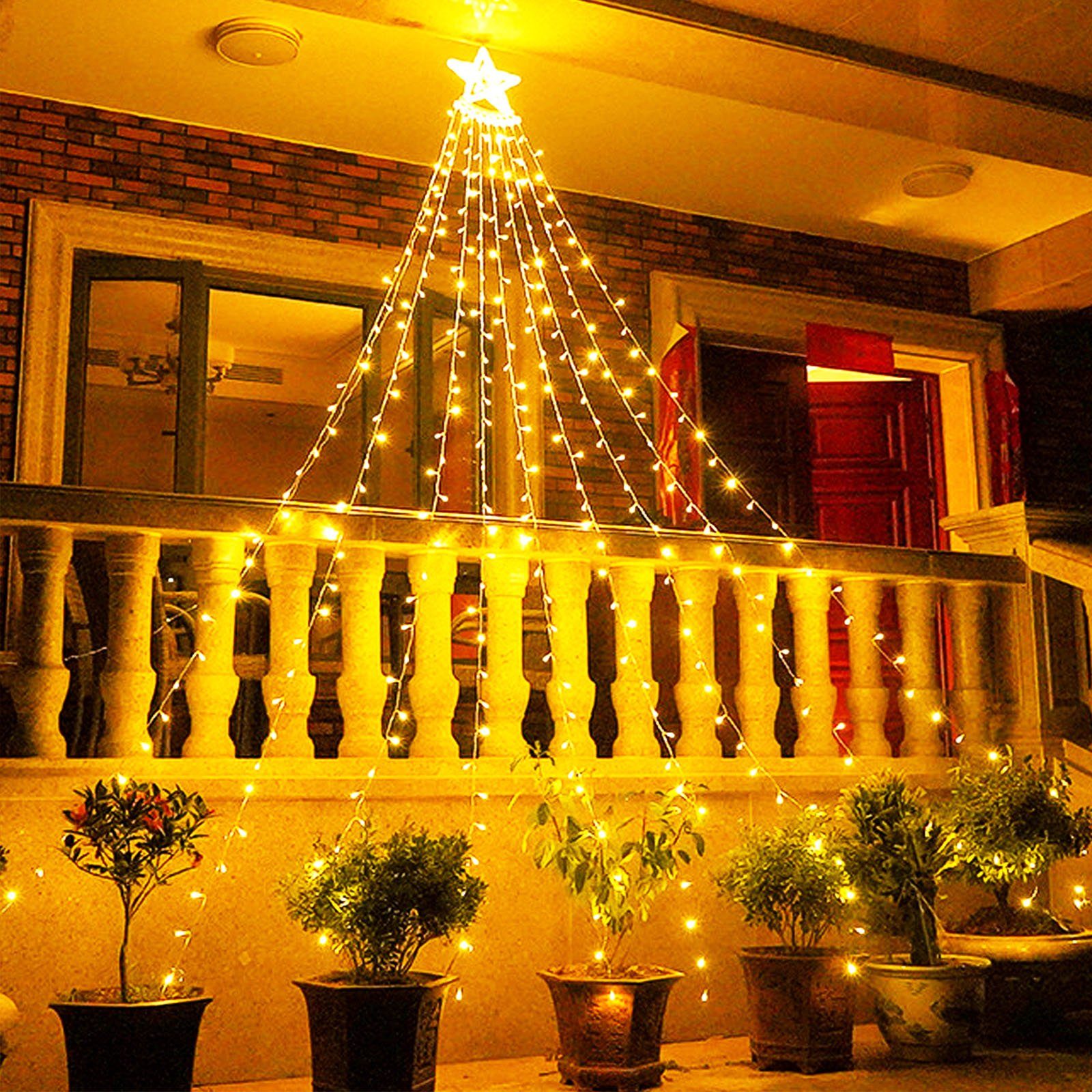 LETGOSPT LED-Lichterkette 350 LEDs Wasserfall Lichterkette mit ein großer Stern, 8 Modi,230V, IP44 Wasserfall Fee Lichter Weihnachts Dekoration Warmweiß | Lichterketten