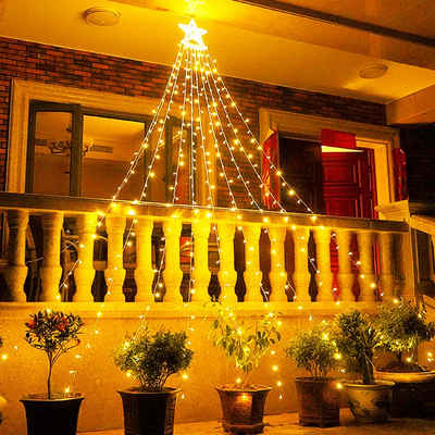 LETGOSPT LED-Lichterkette 350 LEDs Wasserfall Lichterkette mit ein großer Stern, 8 Modi,230V, IP44 Wasserfall Fee Lichter Weihnachts Dekoration