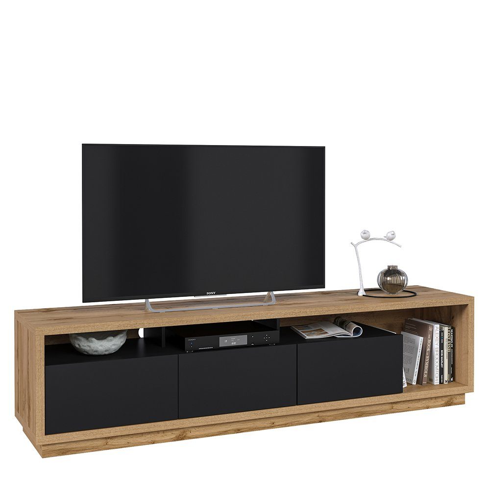 Lomadox Lowboard CONWY-83, mit 3 Schubladen, schwarz mit Eiche Nb., ca. 200/50/45 cm