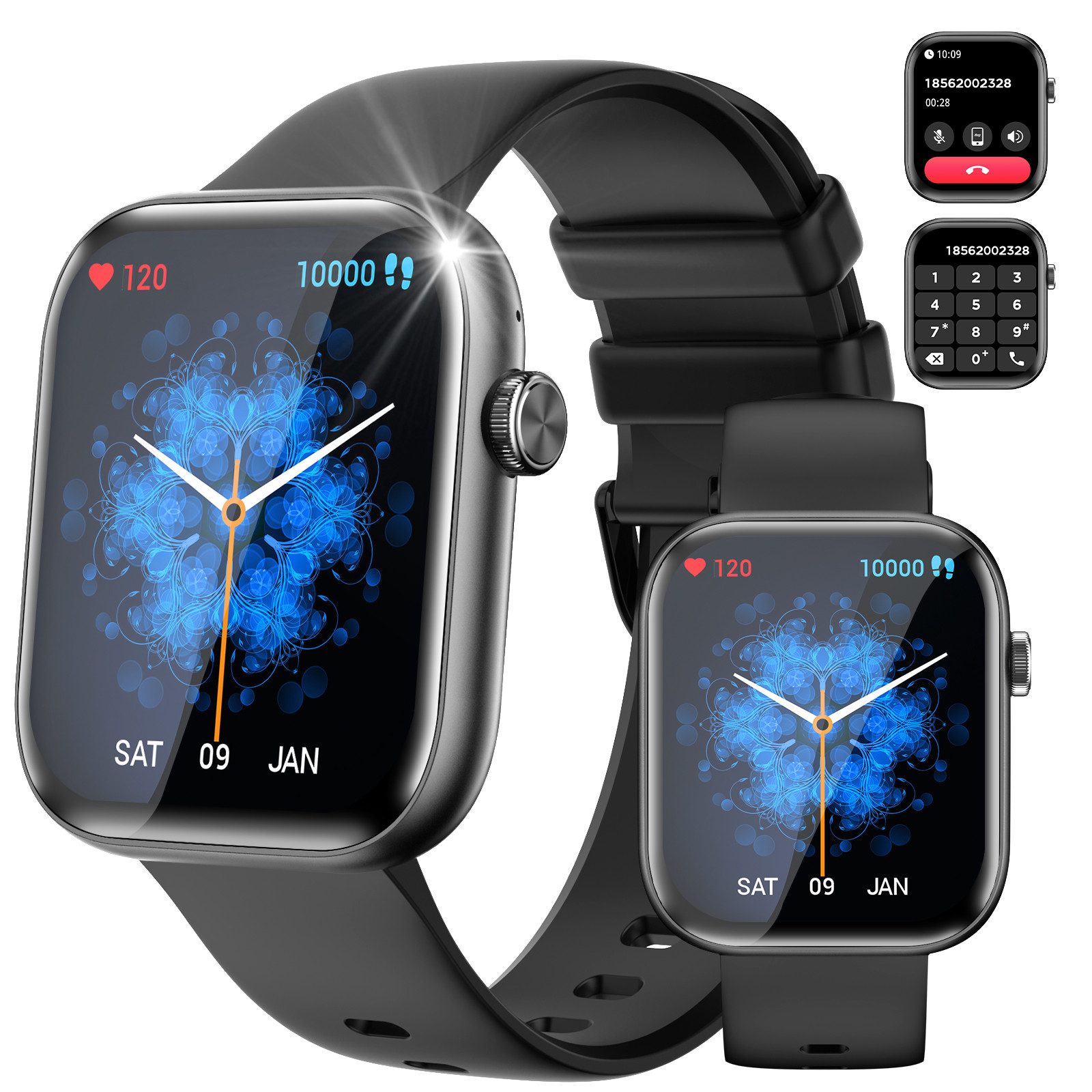 SYTIFRO Yuede Smartwatch Damen Herren, Feine Fitness Uhr mit Anruffunktion Smartwatch (Quadratischer 1,85-Zoll-Voll-Touch-Farbdisplay) Zoll), Fitness Tracker Armbanduhr mit Schrittzähler, Blutsauerstoff, Blutdruckmessung, Schlafüberwachung, AI Voice und SNS-Benachrichtigung etc., Blutsauerstoffmessung, Sportarmband Kompatibel mit iOS und Android.