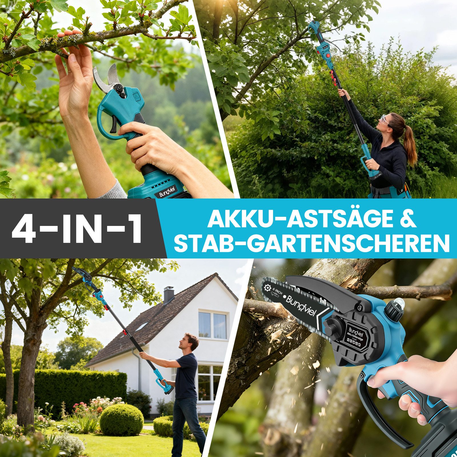 Bundviel Akku-Hochentaster 4-in-1 Bürstenloser Elektro Teleskop Hochentaster Astsäge Gartenschere, bis 235,5 m Arbeitshöhe, mit 2× 4000mAh Akku
