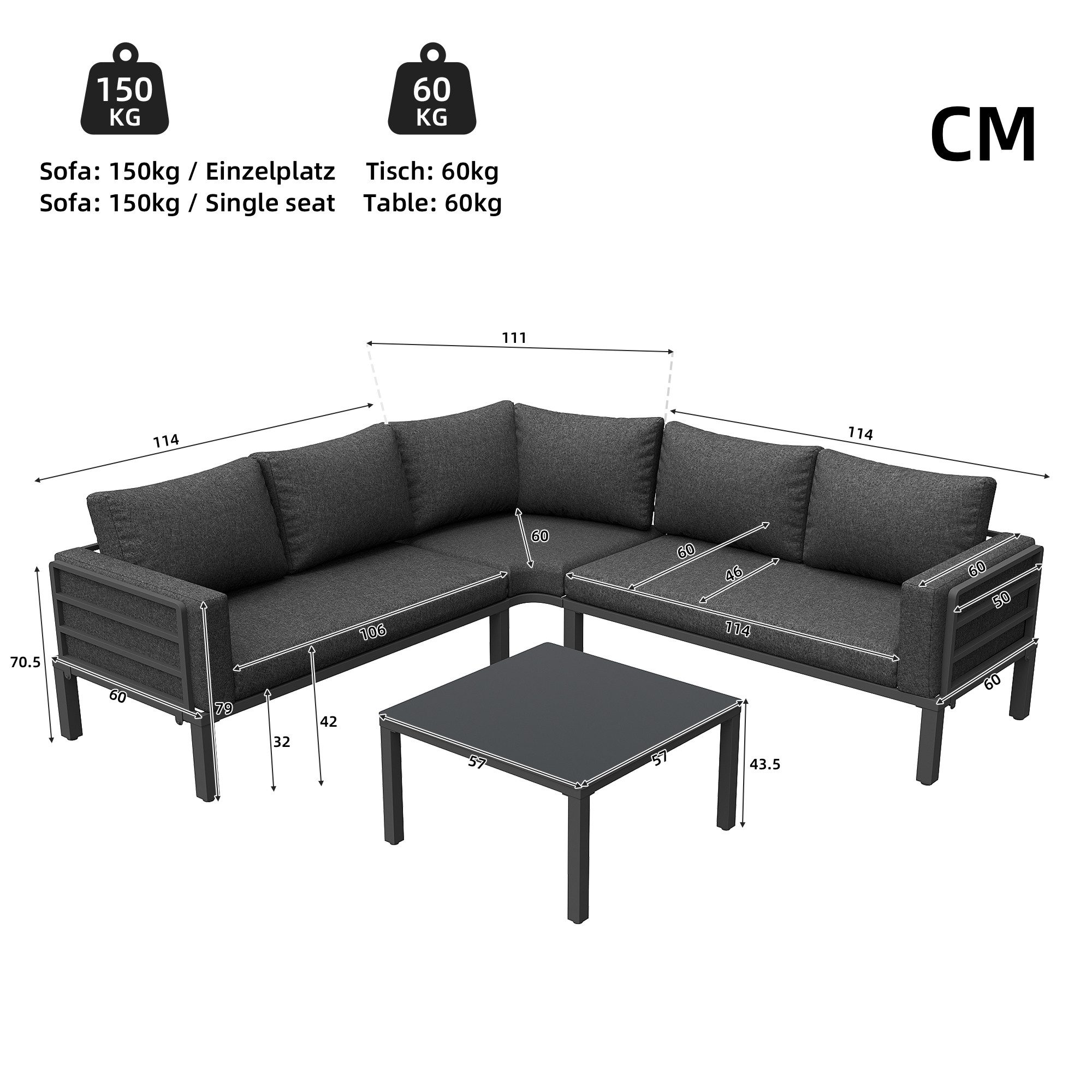 Flieks Gartenlounge-Set, 5-Sitzer Gartenmöbel Gartensofa mit Couchtisch aus gehärtetem Glas