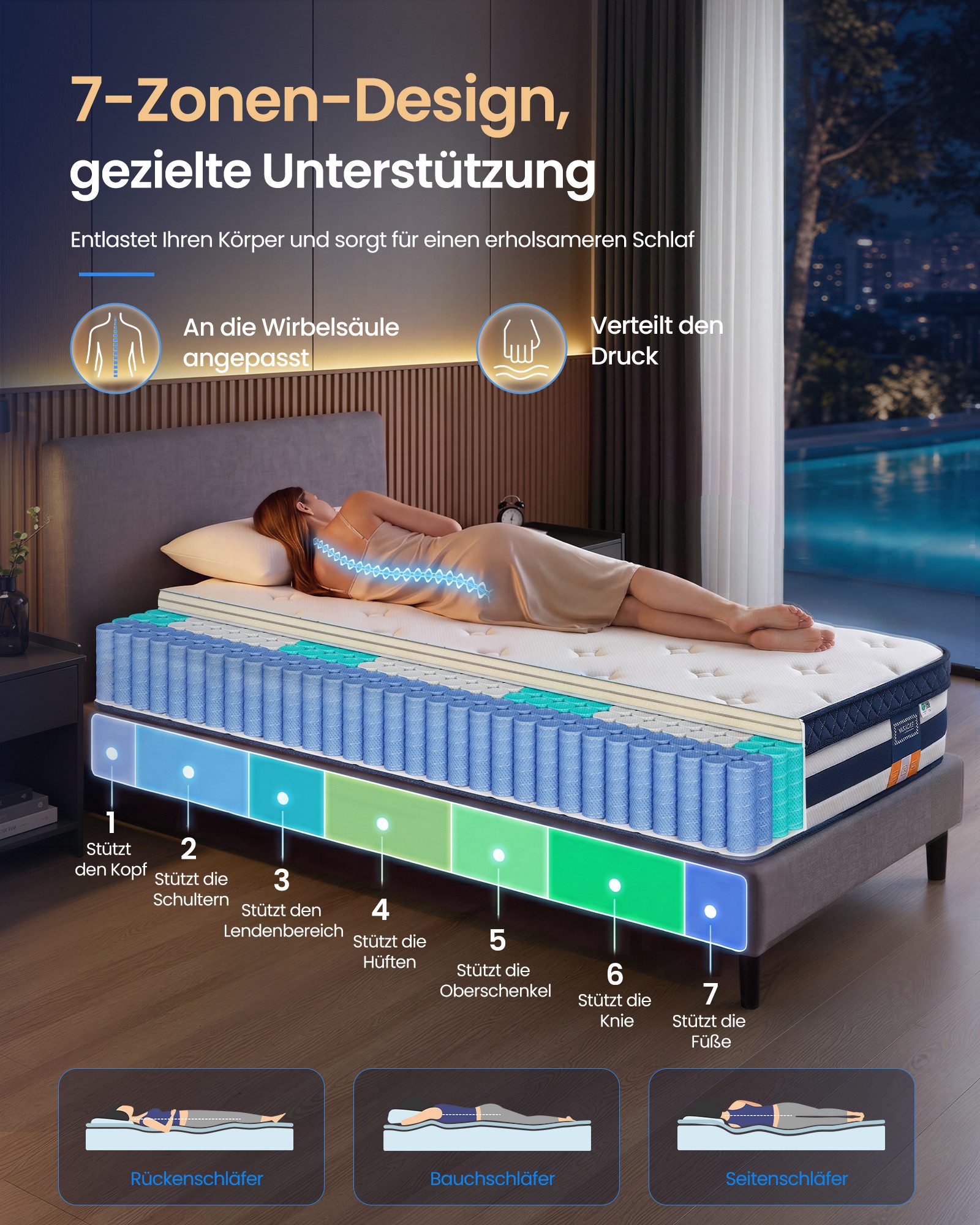 Taschenfederkernmatratze Federkernmatratze, Matratzen aus Gel-Memory-Schaumstoff, Kühlend, VASAGLE, 25 cm hoch, 7-Zonen-Unterstützung, Bewegungsisolierung, atmungsaktiver Bezug, H3